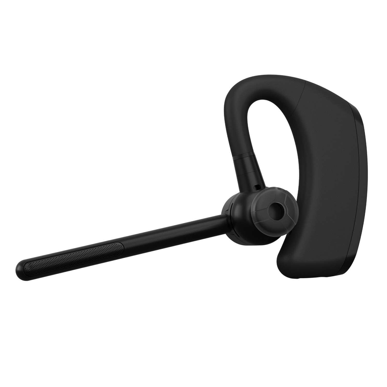 Un auricolare Bluetooth nero con gancio per l'orecchio e lungo braccio del microfono su sfondo bianco.