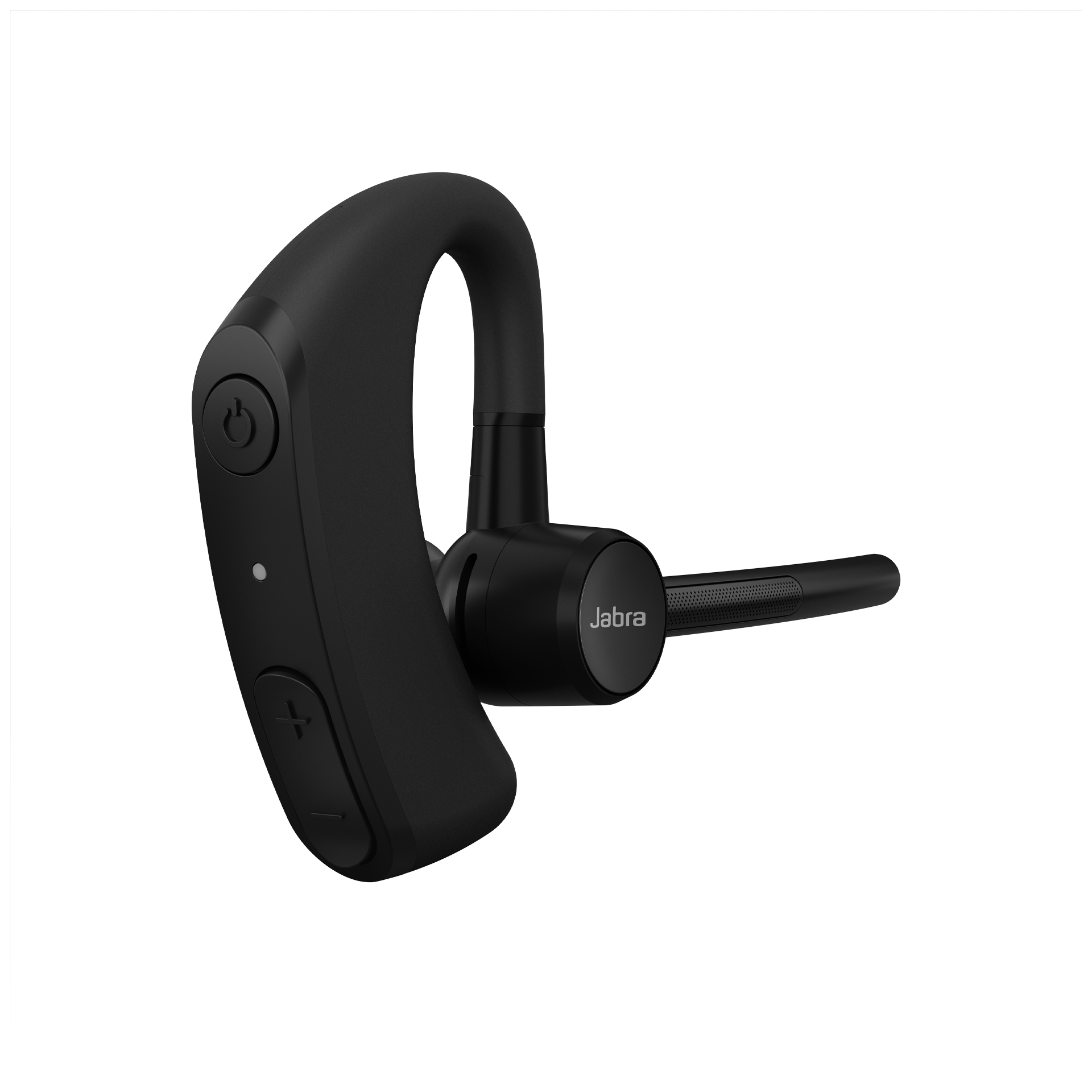 Un auricolare Bluetooth Jabra nero con gancio per l'orecchio e microfono ad asta su sfondo bianco.