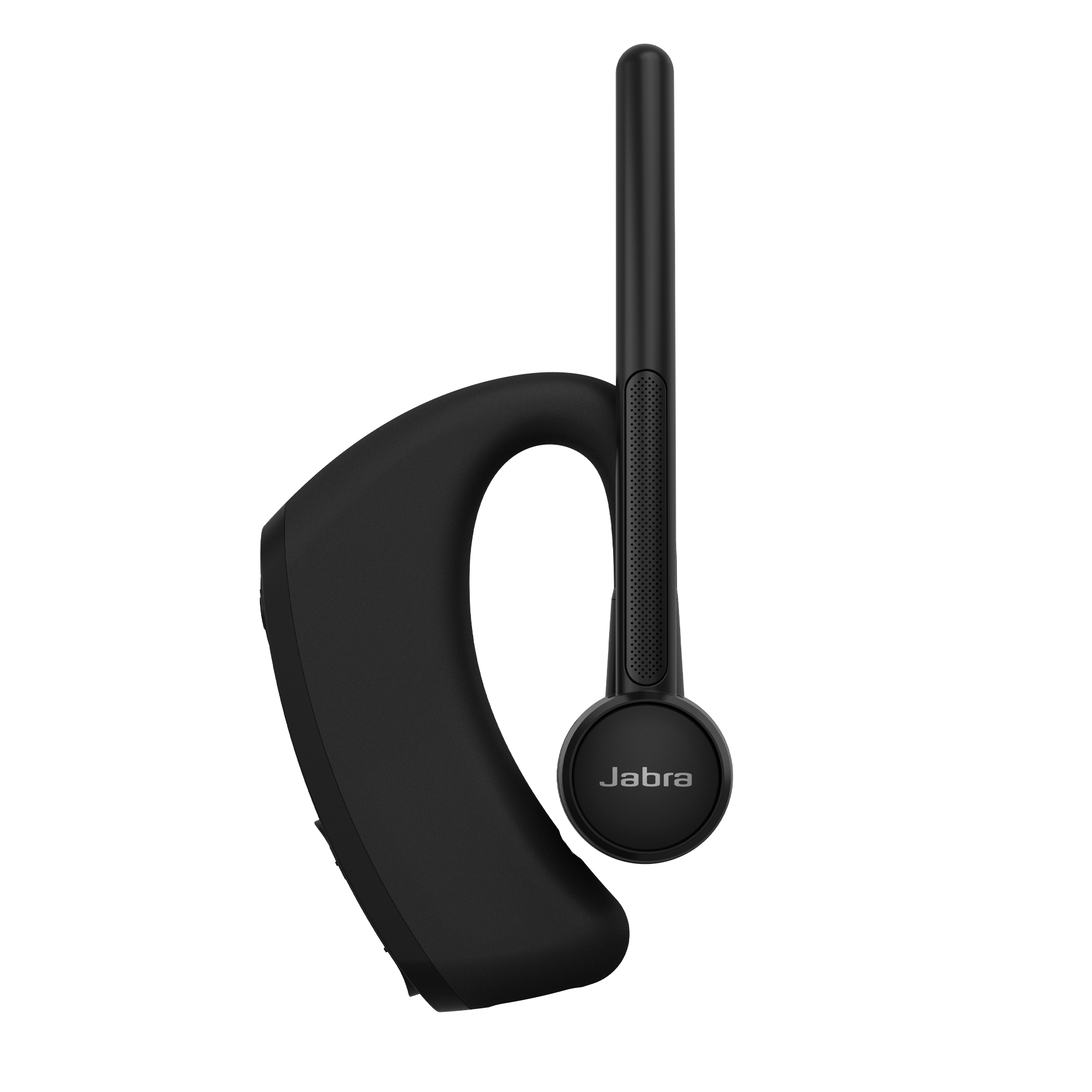 Un auricolare mono wireless Jabra nero con gancio per l'orecchio e microfono ad asta, su sfondo bianco.