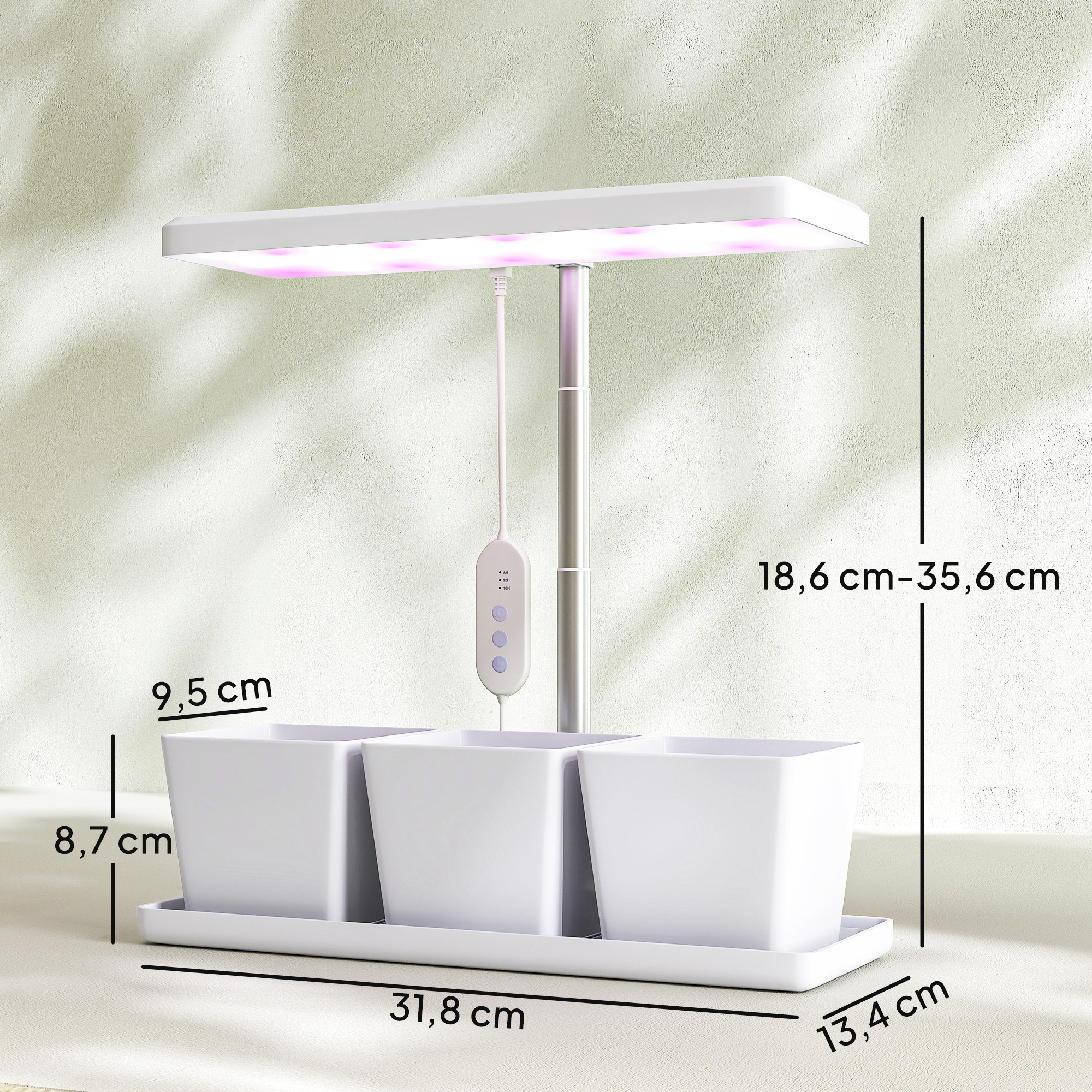 Jardín interior blanco con luz de cultivo LED y dimensiones sobre fondo claro.