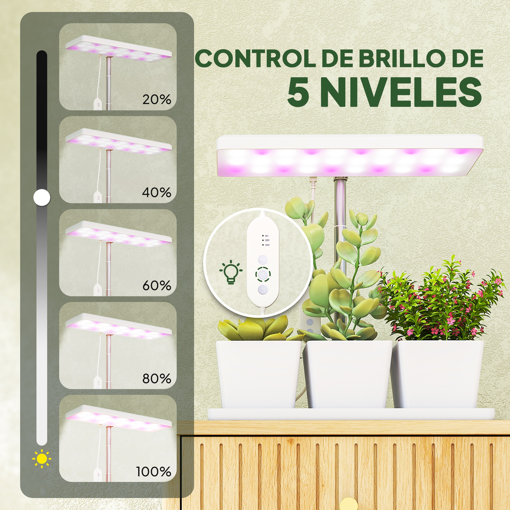 Luz de cultivo para plantas con cinco niveles de brillo y tres macetas blancas en una mesa de madera.