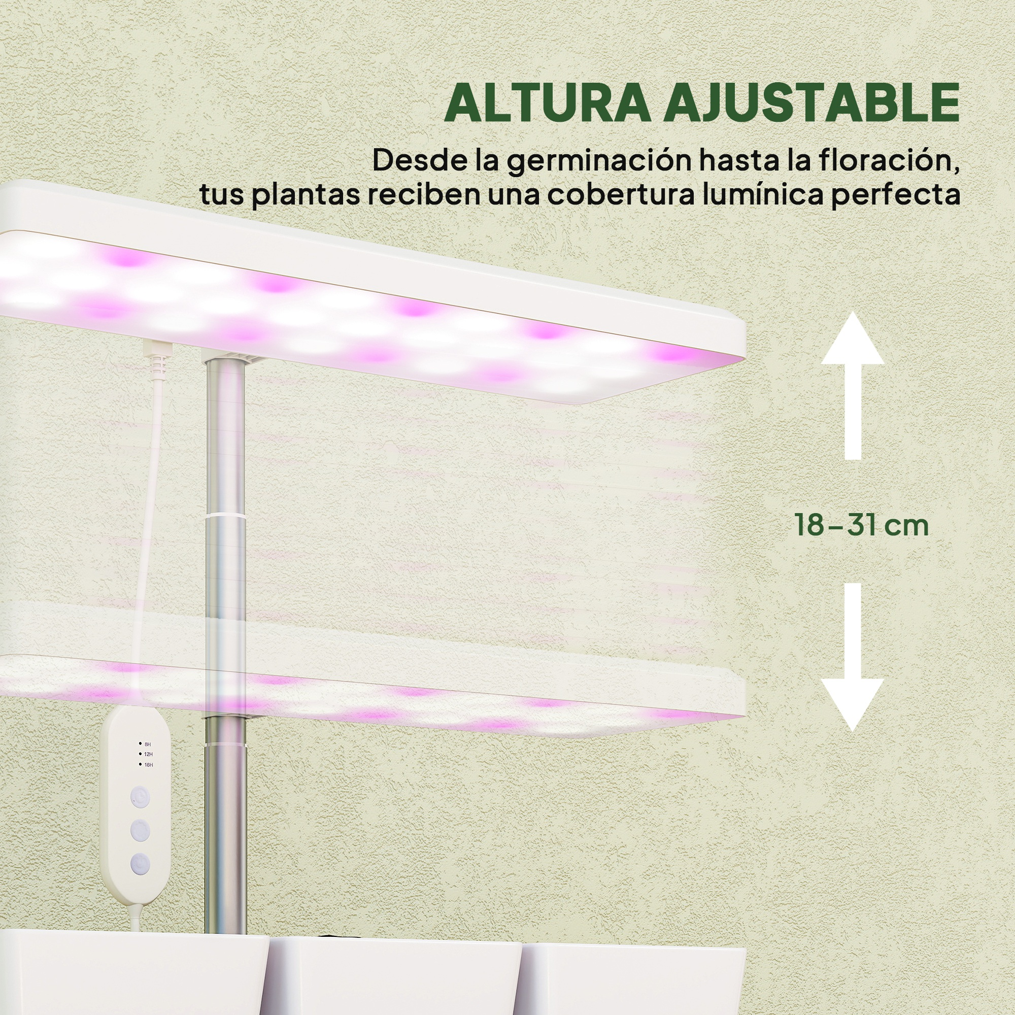 Lámpara de cultivo ajustable con luz rosa y altura de 18-31 cm.