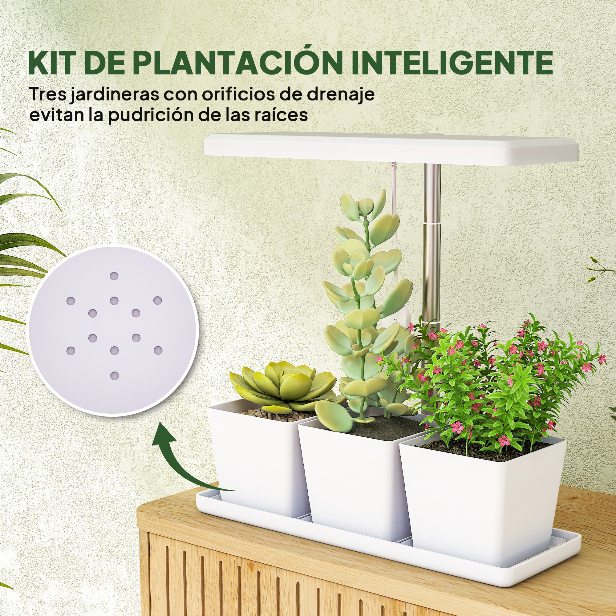 Kit de plantación inteligente con tres macetas blancas y luz LED sobre mueble de madera.