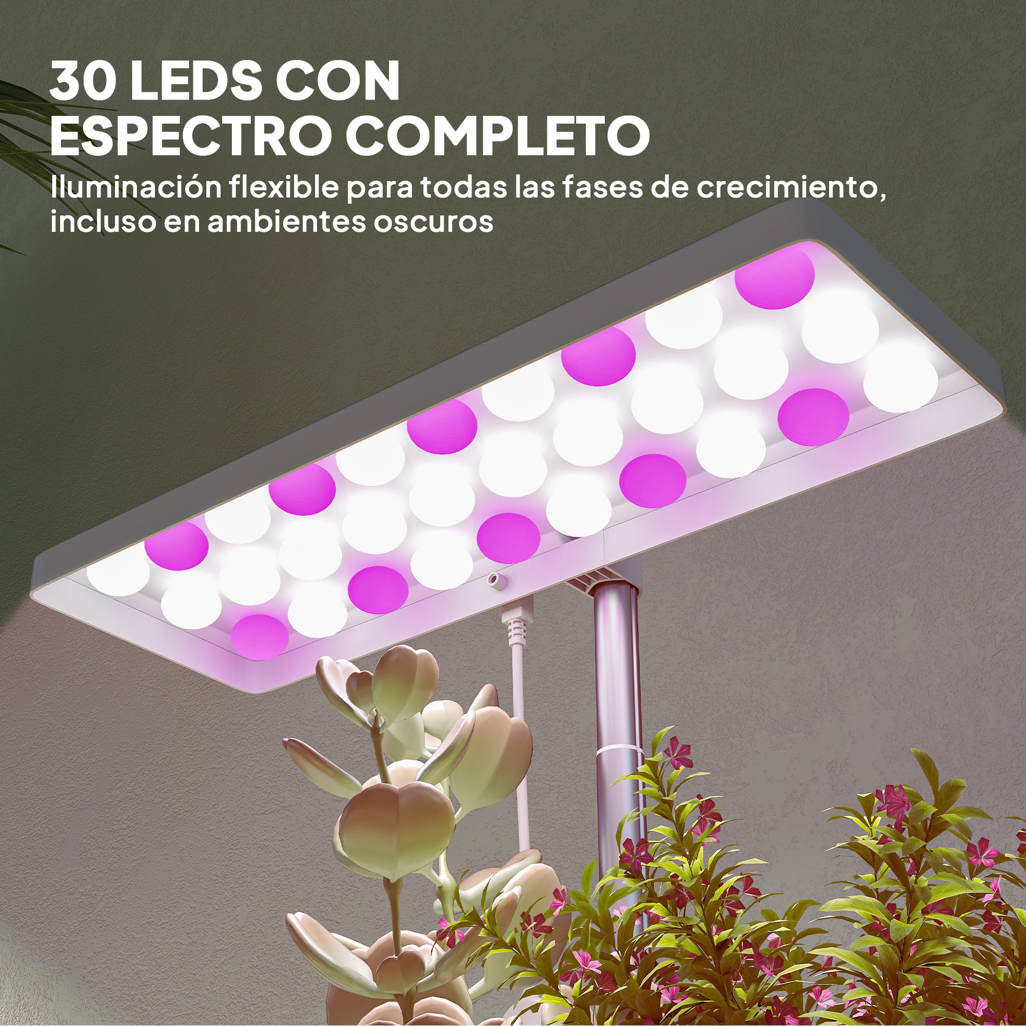 Lámpara LED de cultivo con luces rosas y blancas sobre plantas de interior.