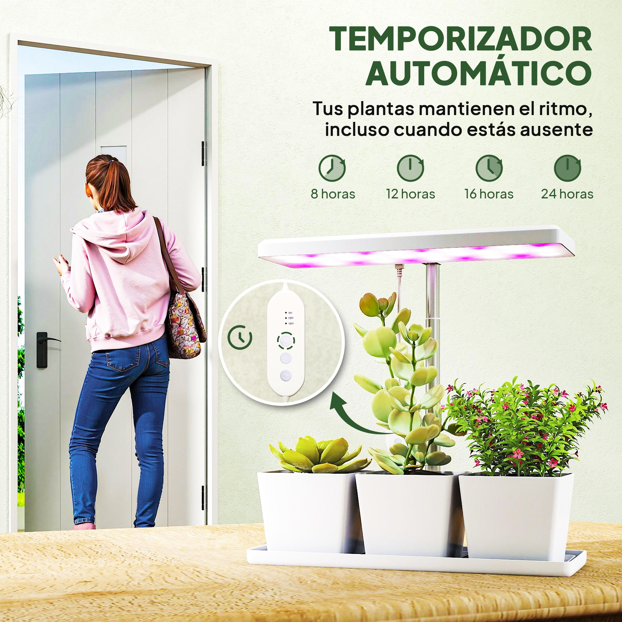 Una mujer sale por una puerta junto a tres macetas con luz LED para plantas y temporizador.