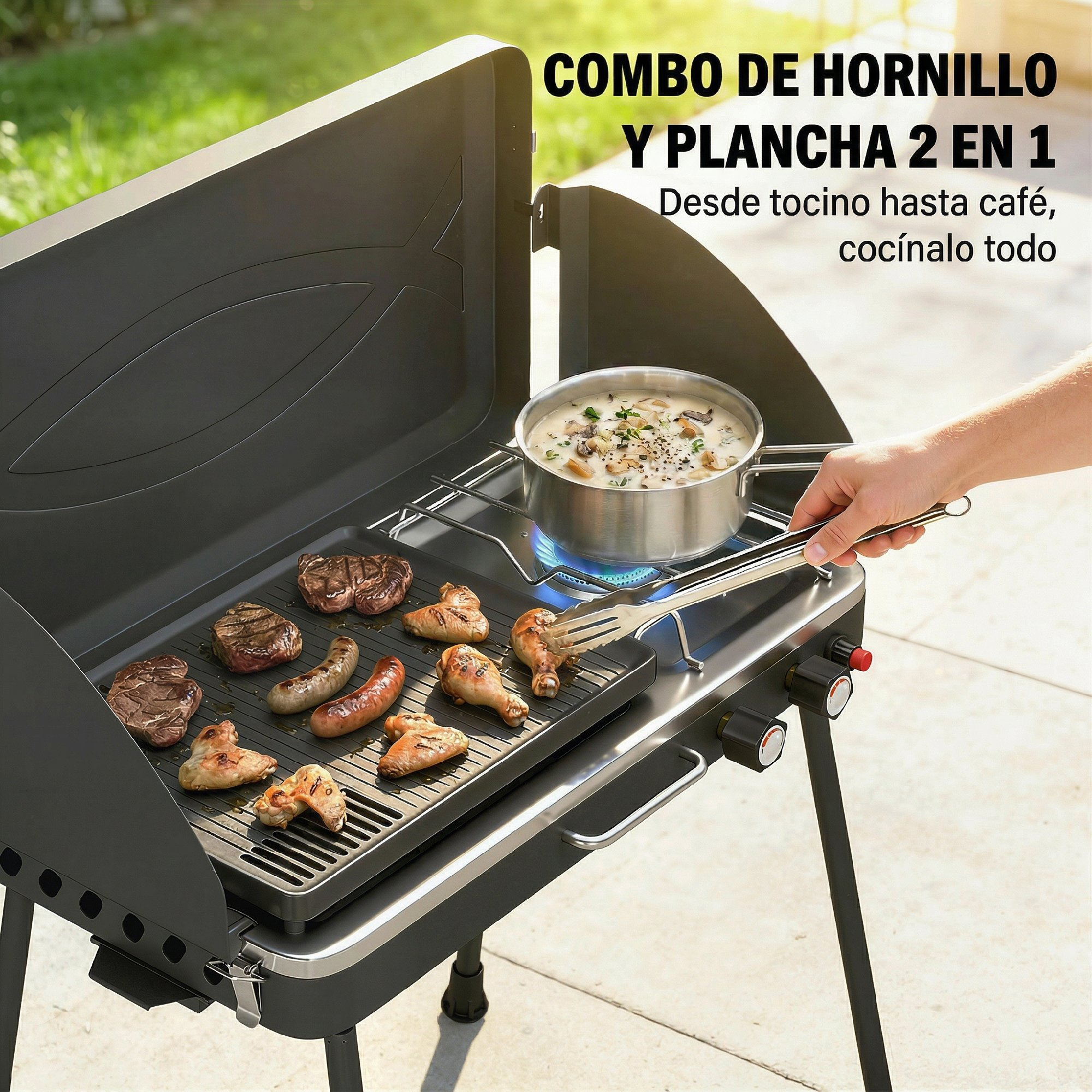 Parrilla portátil con carne en la plancha y sopa en una olla.