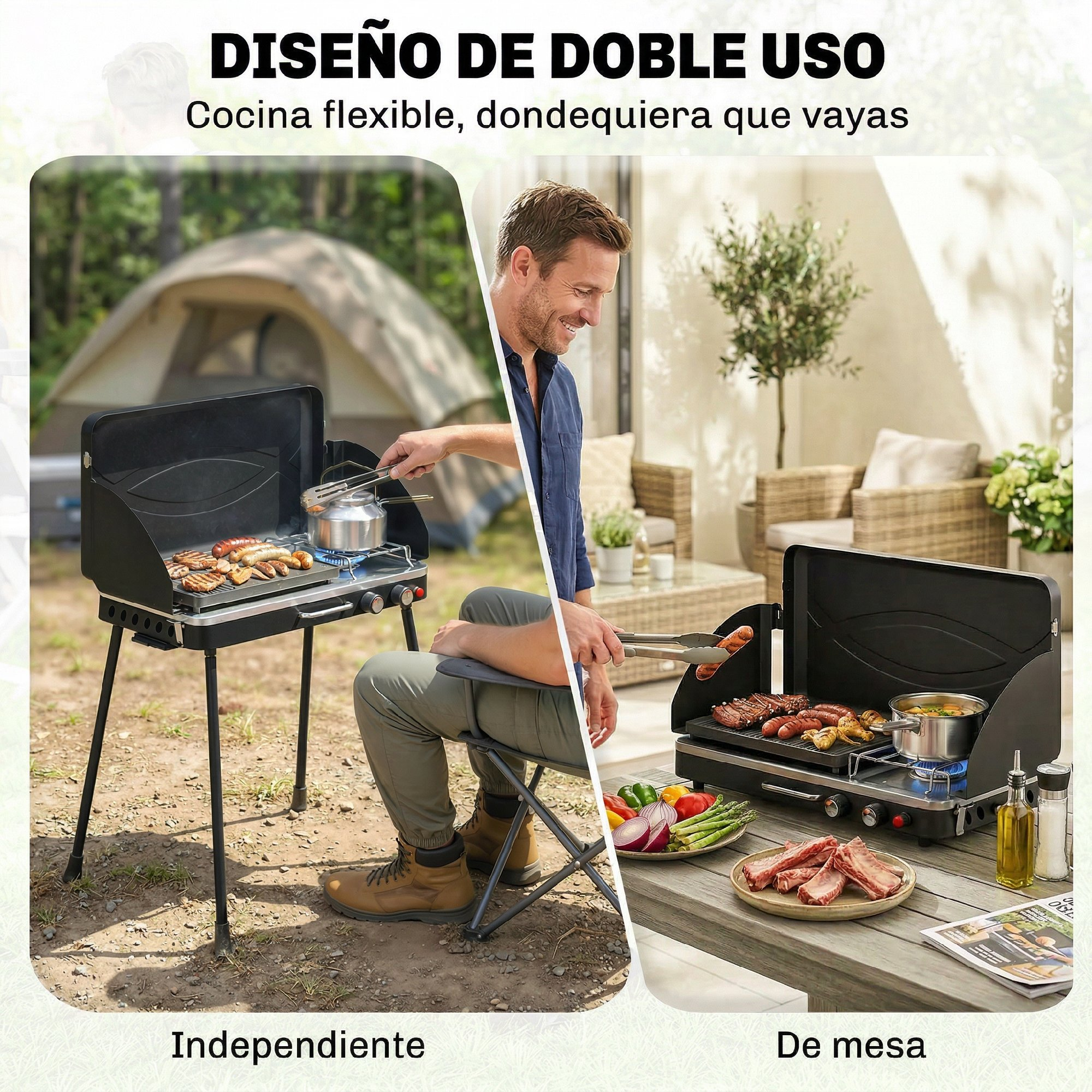 Se muestra una parrilla portátil utilizada tanto como parrilla de pie como de mesa.