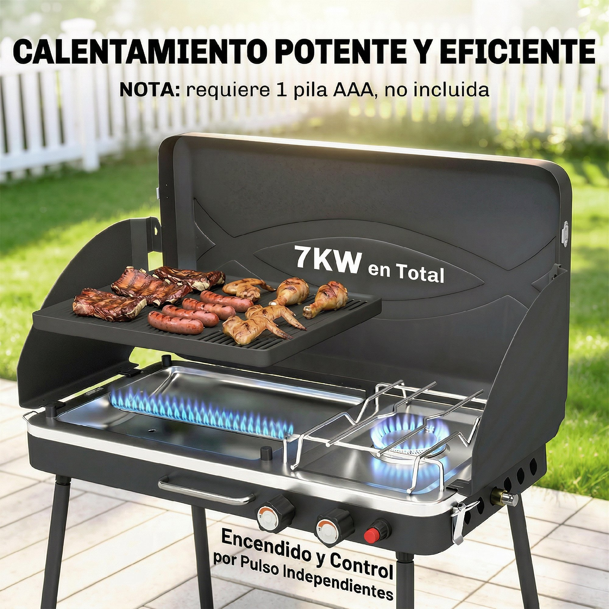 Una parrilla de gas negra al aire libre con dos llamas azules, cocinando carne.