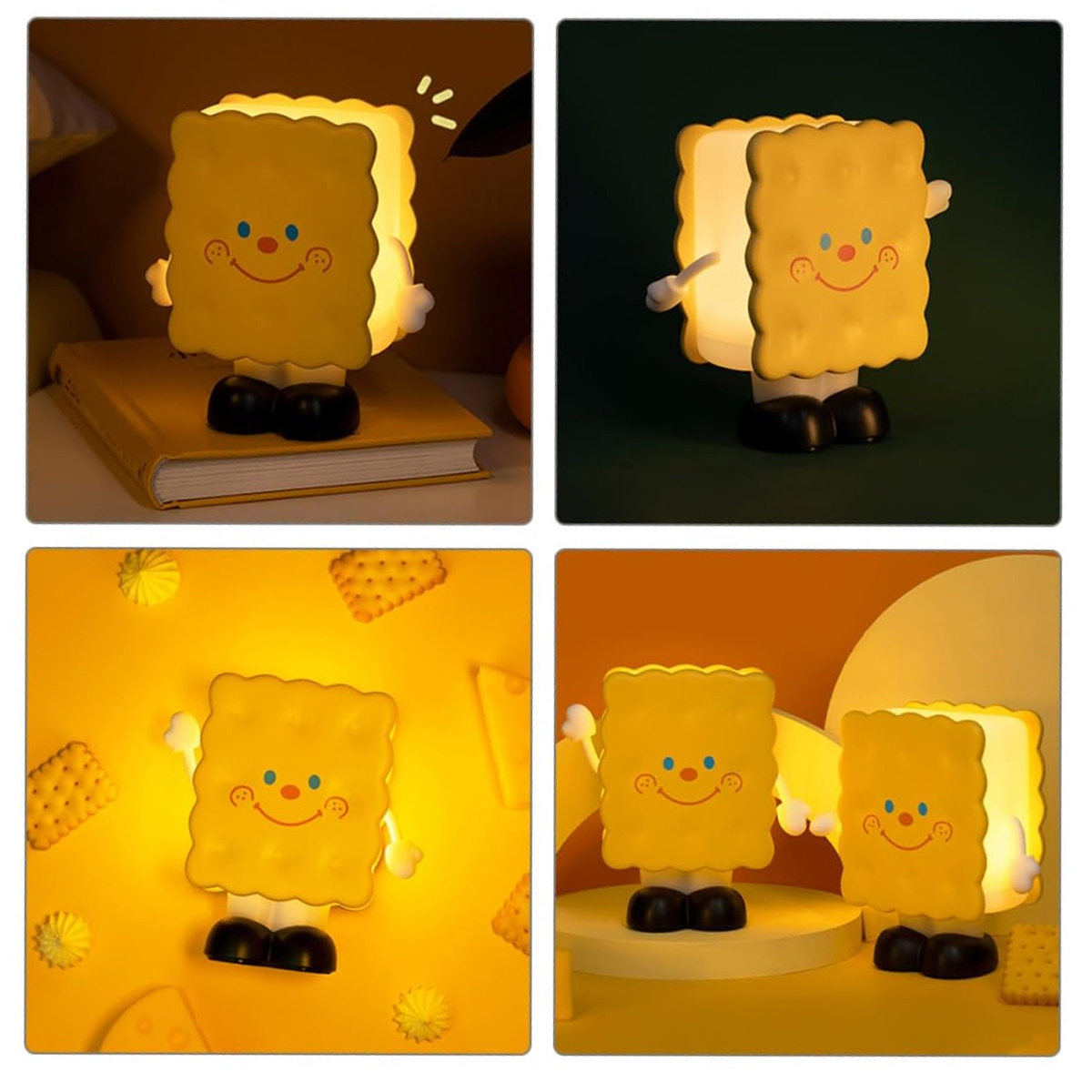 Vier Bilder einer niedlichen gelben Keks-Lampe mit Gesicht, kleinen Händen und schwarzen Schuhen.