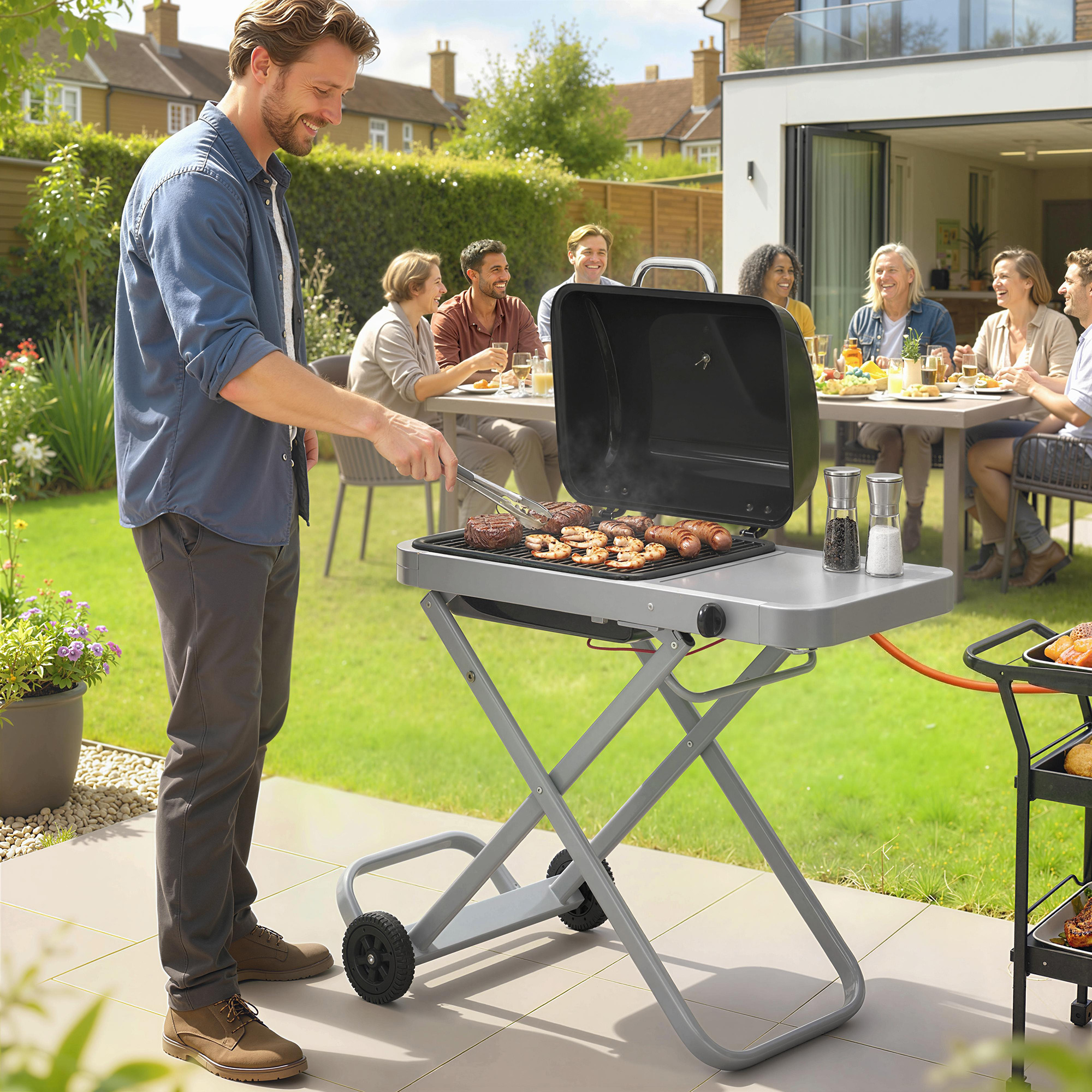 Un hombre hace barbacoa en un patio mientras un grupo de amigos se sienta a una mesa al fondo.