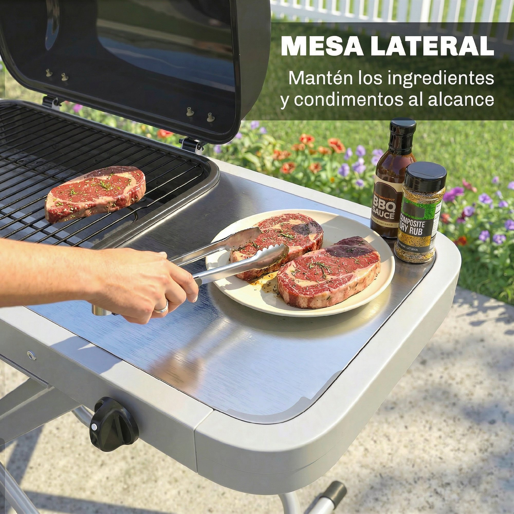 Persona asando bistecs en una parrilla con mesa lateral, salsa BBQ y condimento.