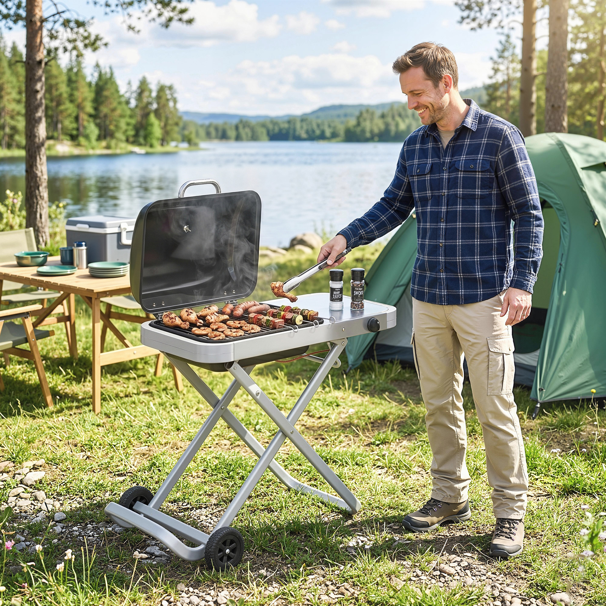 Un hombre asa carne en un camping junto al lago, al lado de una tienda y una mesa.