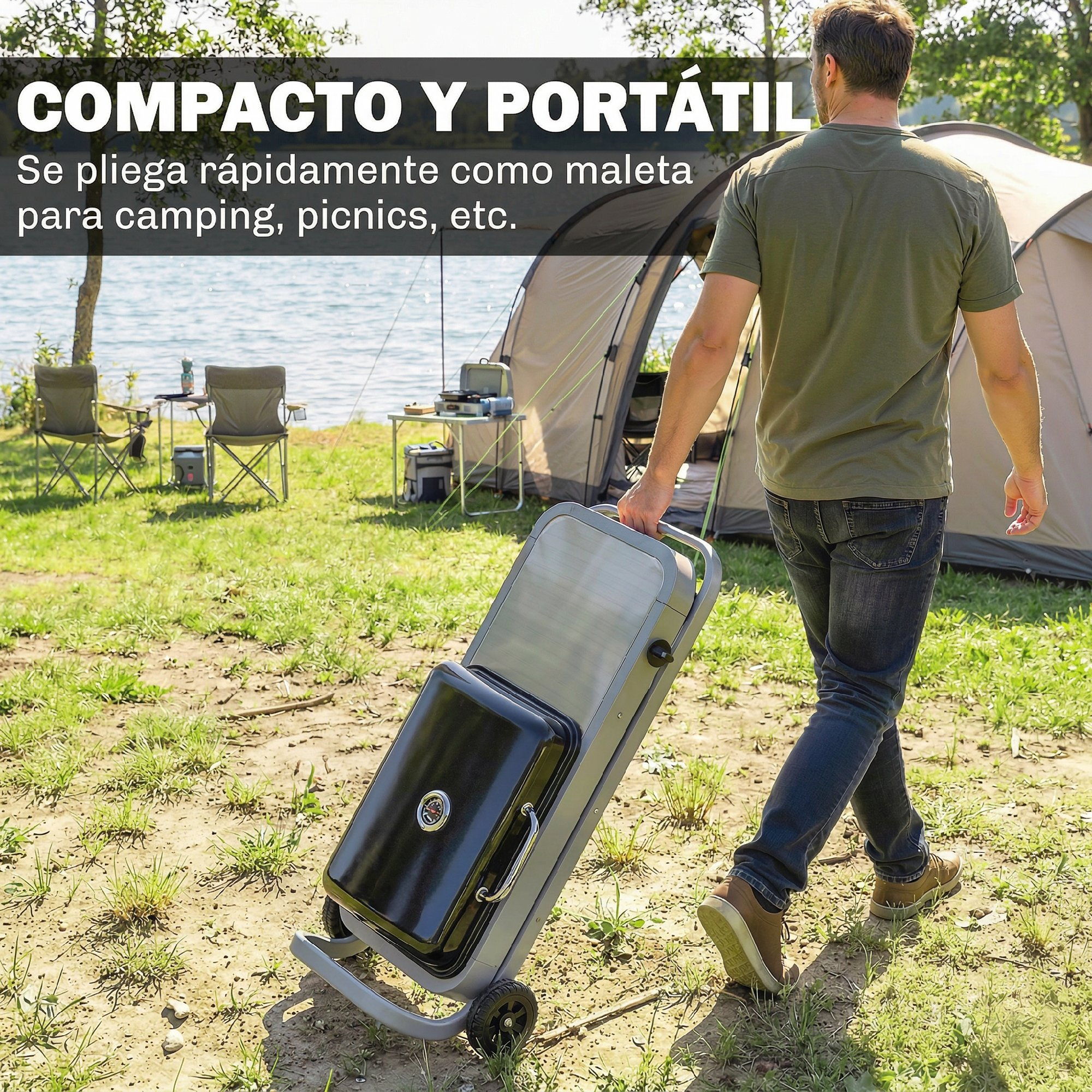 Un hombre arrastra una parrilla portátil tipo maleta con ruedas junto a un campamento junto al lago.