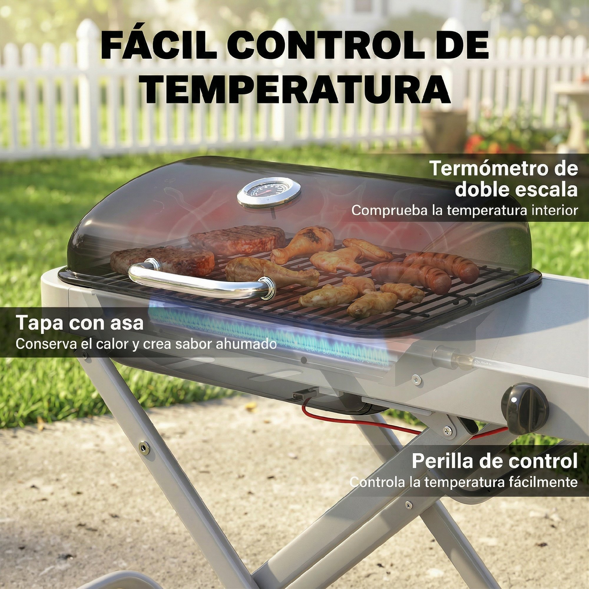 Un asador de gas para exteriores con tapa cerrada, carne en la parrilla y textos en español sobre control de temperatura.