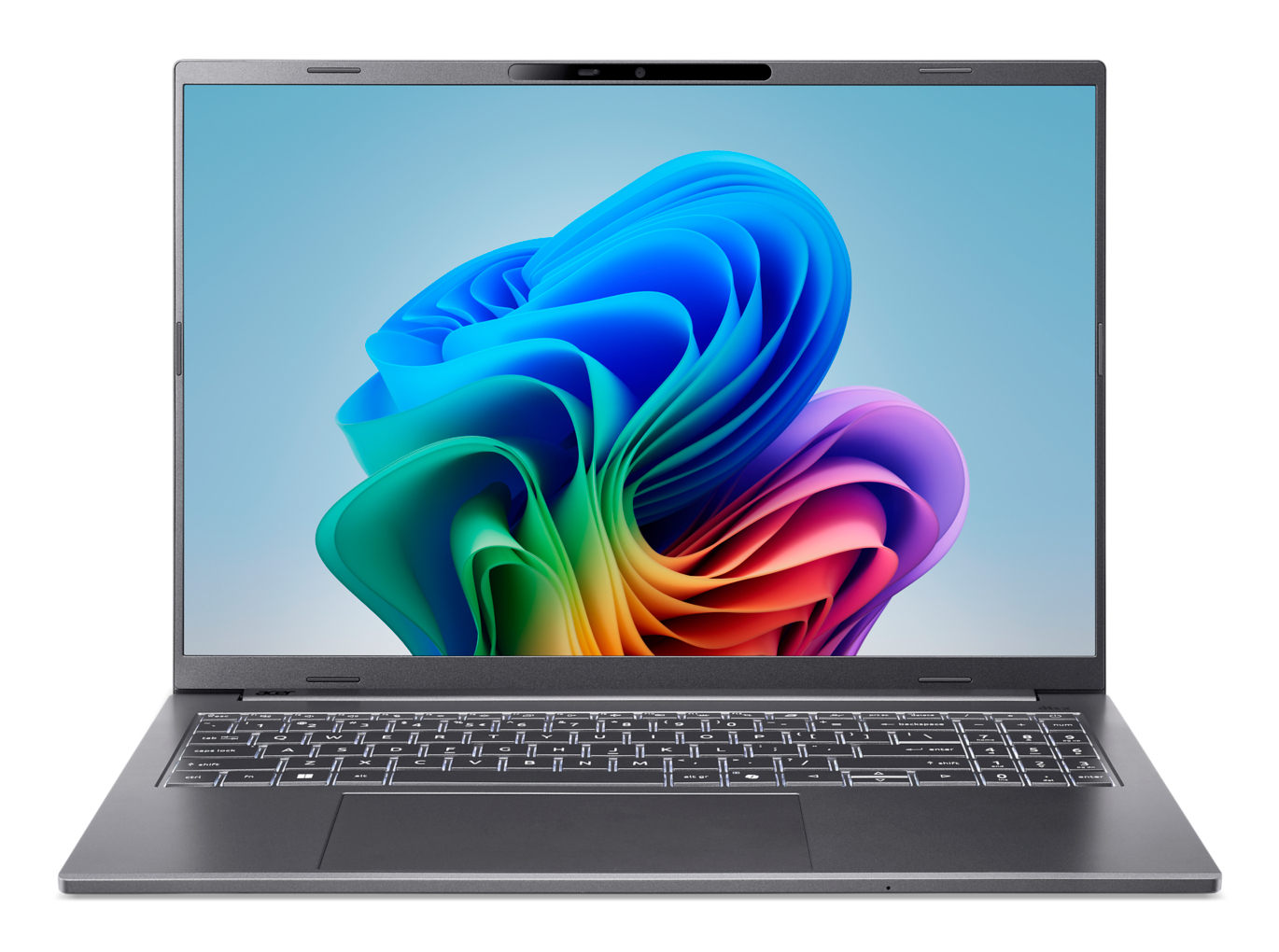 Ein grauer Laptop zeigt ein buntes, geschwungenes abstraktes Hintergrundbild auf dem Bildschirm.