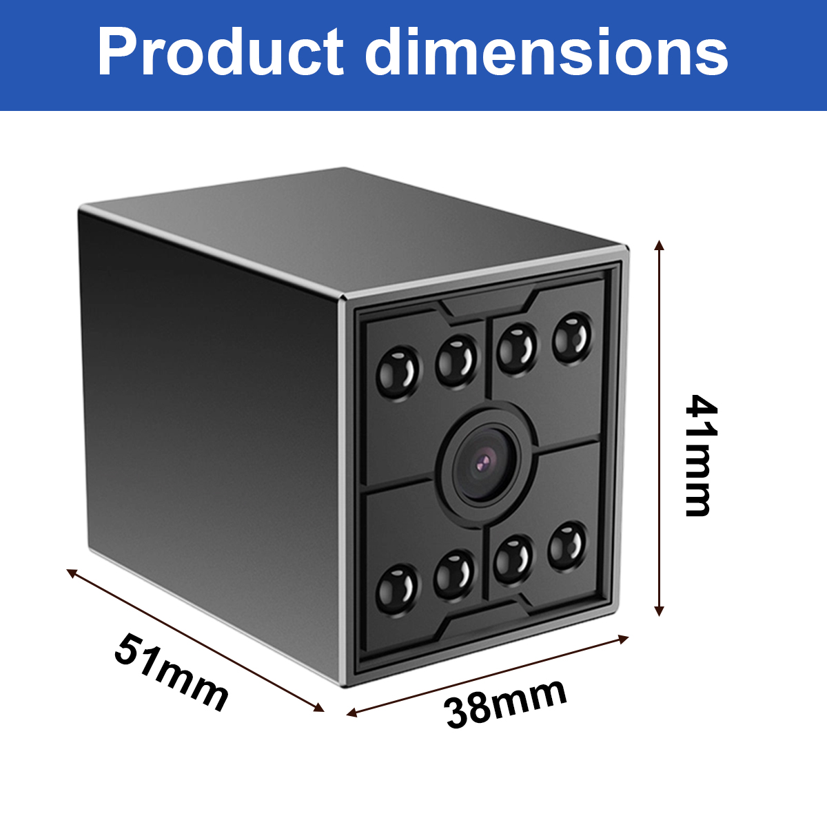 Diagramm zeigt eine schwarze, quaderförmige Kamera mit den Maßen 51mm lang, 38mm breit und 41mm hoch.