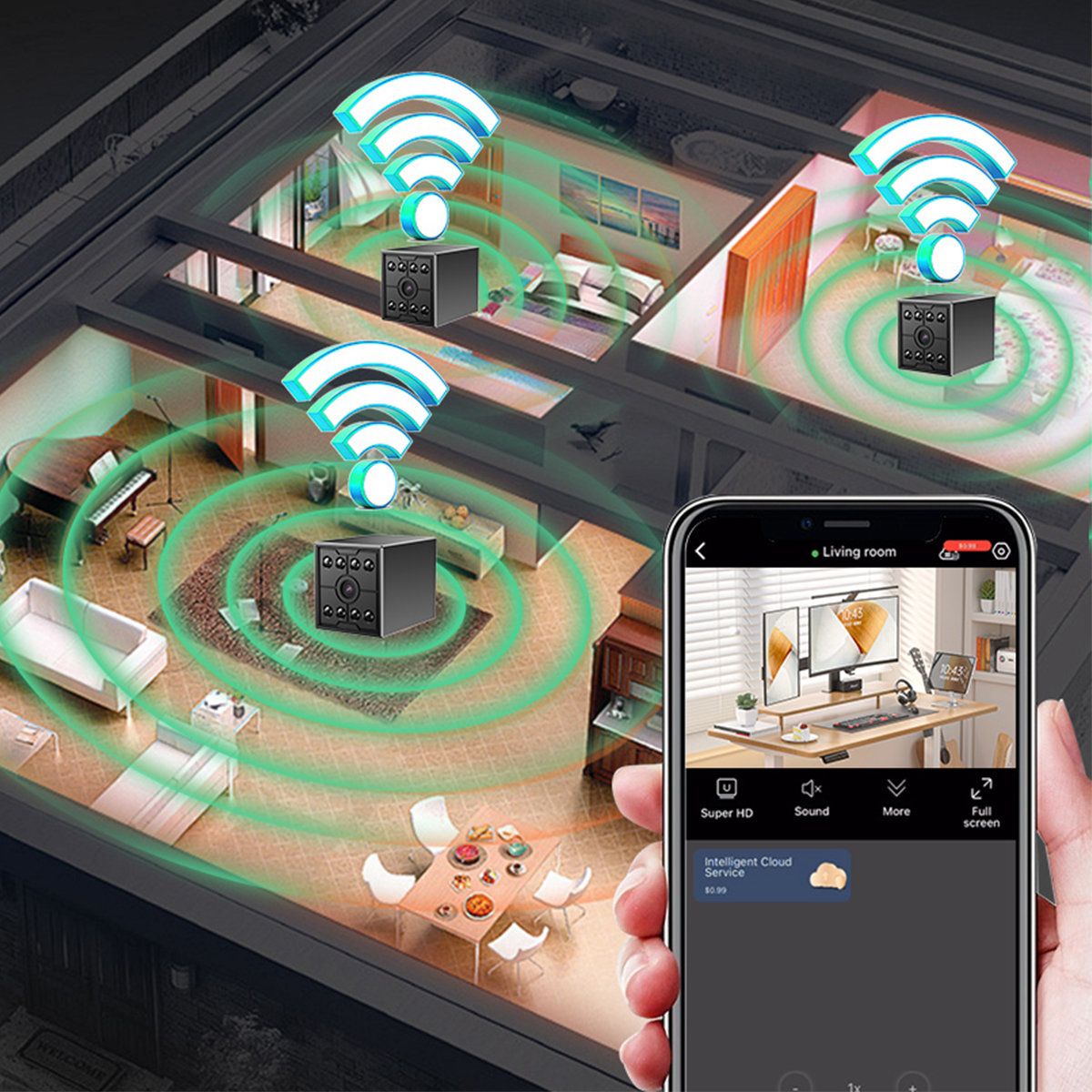 Vogelperspektive auf ein Hausinnere mit kleinen Sicherheitskameras, die WLAN-Signale aussenden und per Smartphone überwacht werden.