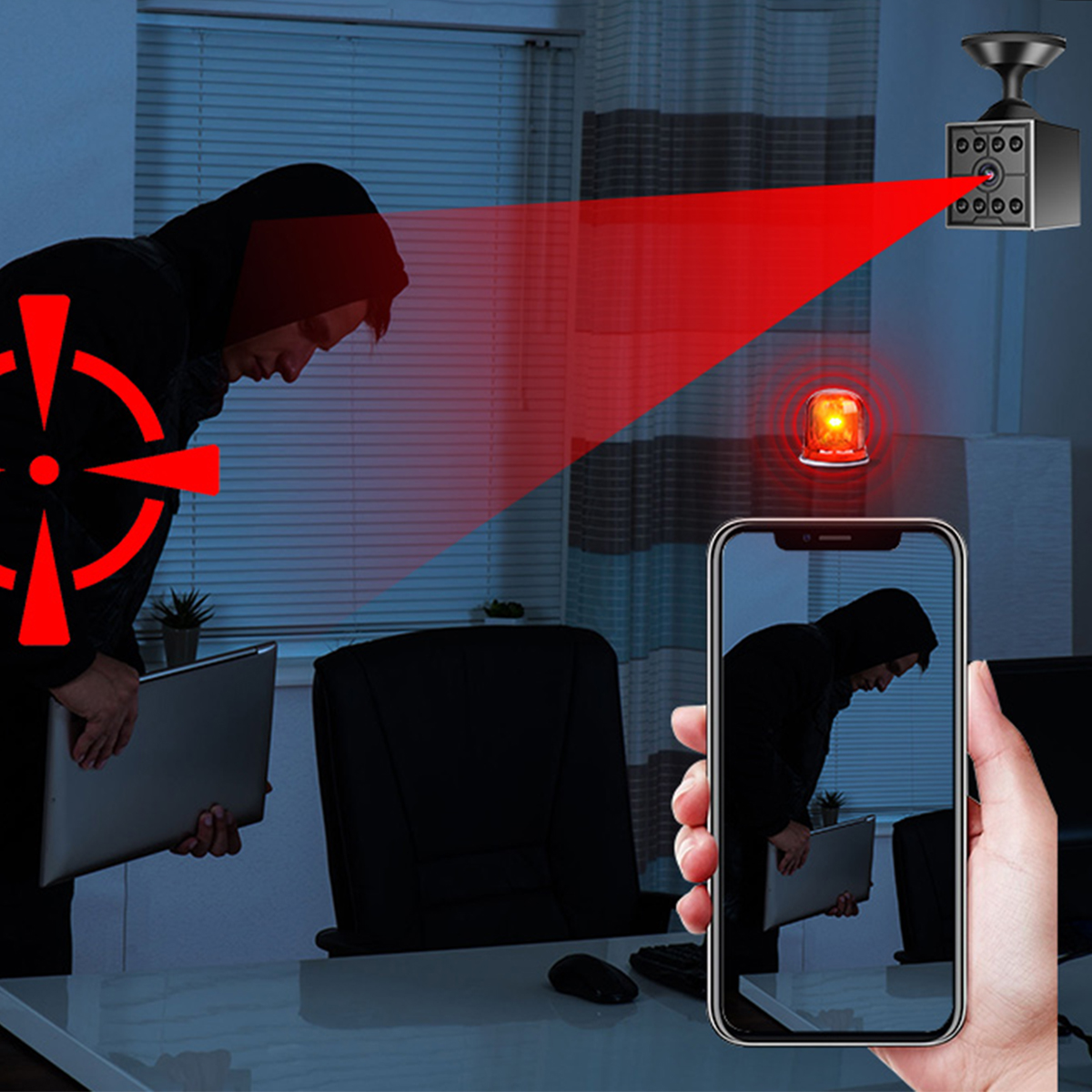 Eine Überwachungskamera erkennt einen Einbrecher mit Laptop und sendet Alarm ans Smartphone.