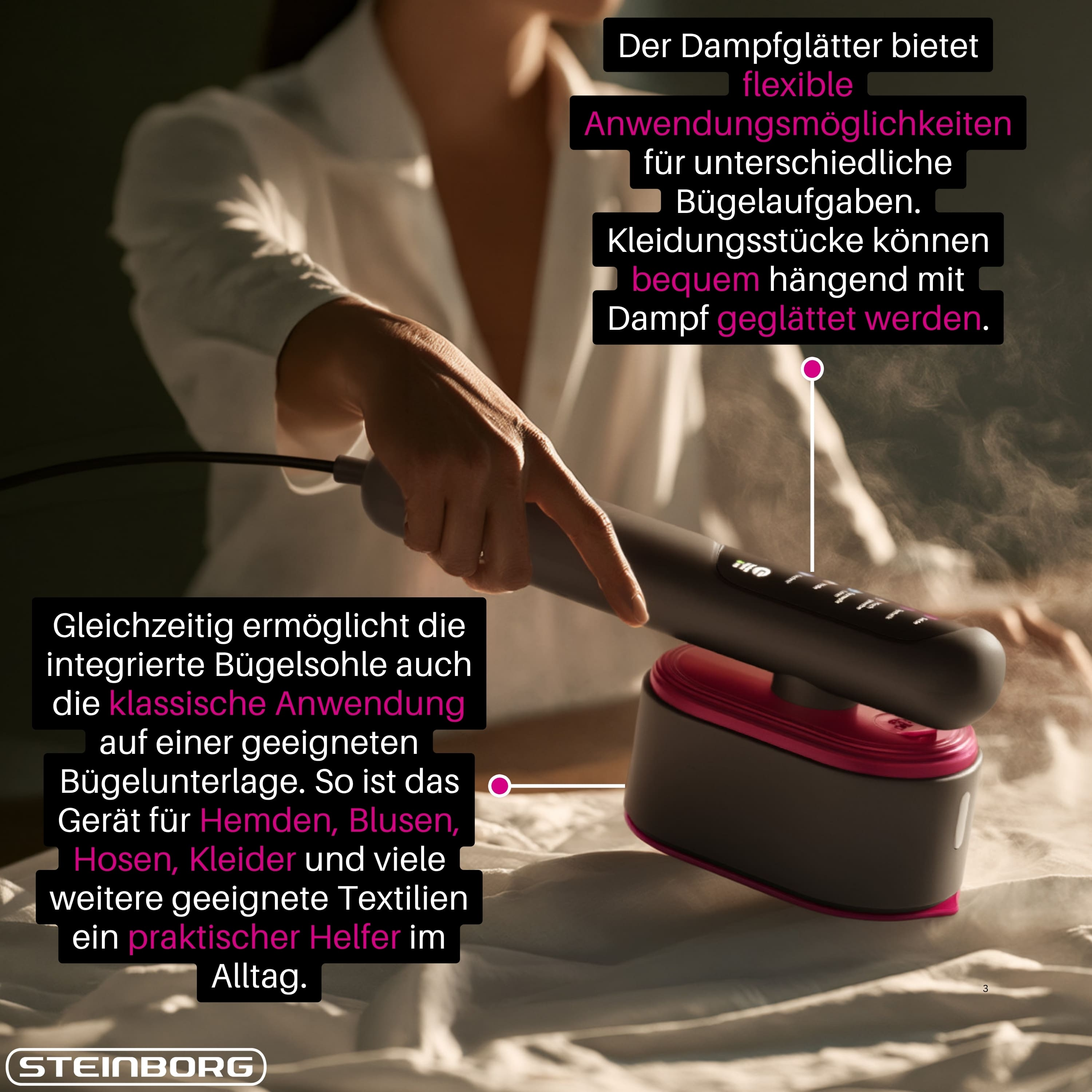 Eine Hand bedient einen modernen Hand-Dampfglätter, der Textilien auf einer Unterlage glättet, mit Werbetexten.