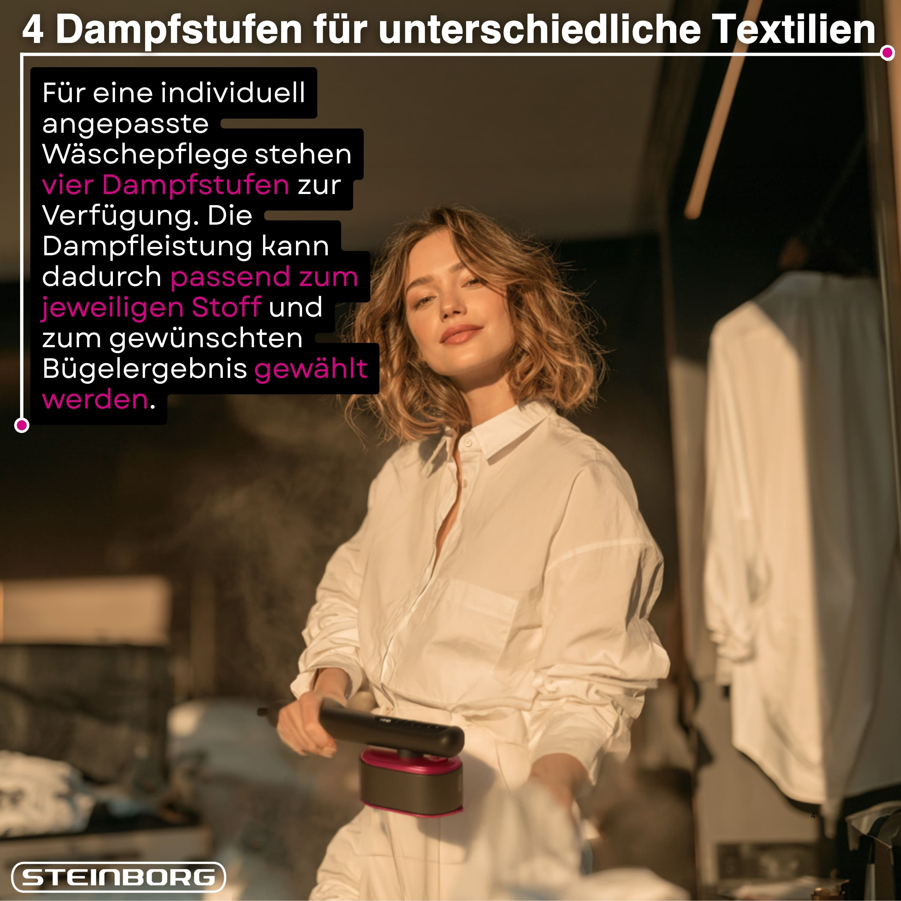 Eine Frau in Weiß bügelt Kleidung mit einem Handgerät. Deutscher Text überlagert das Bild.