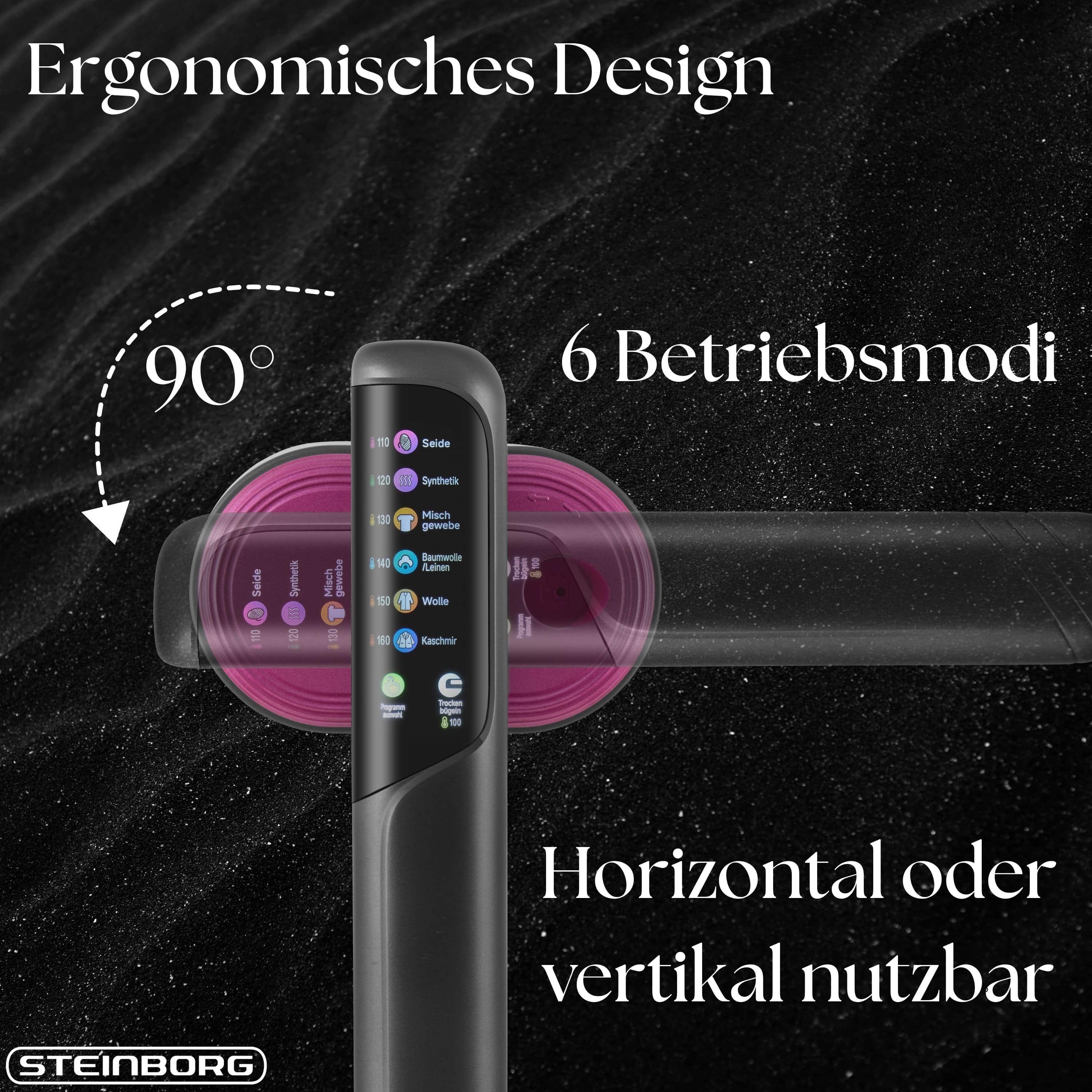 Ergonomisches Design mit 6 Modi, 90 Grad drehbar, horizontal oder vertikal nutzbar, von Steinberg.