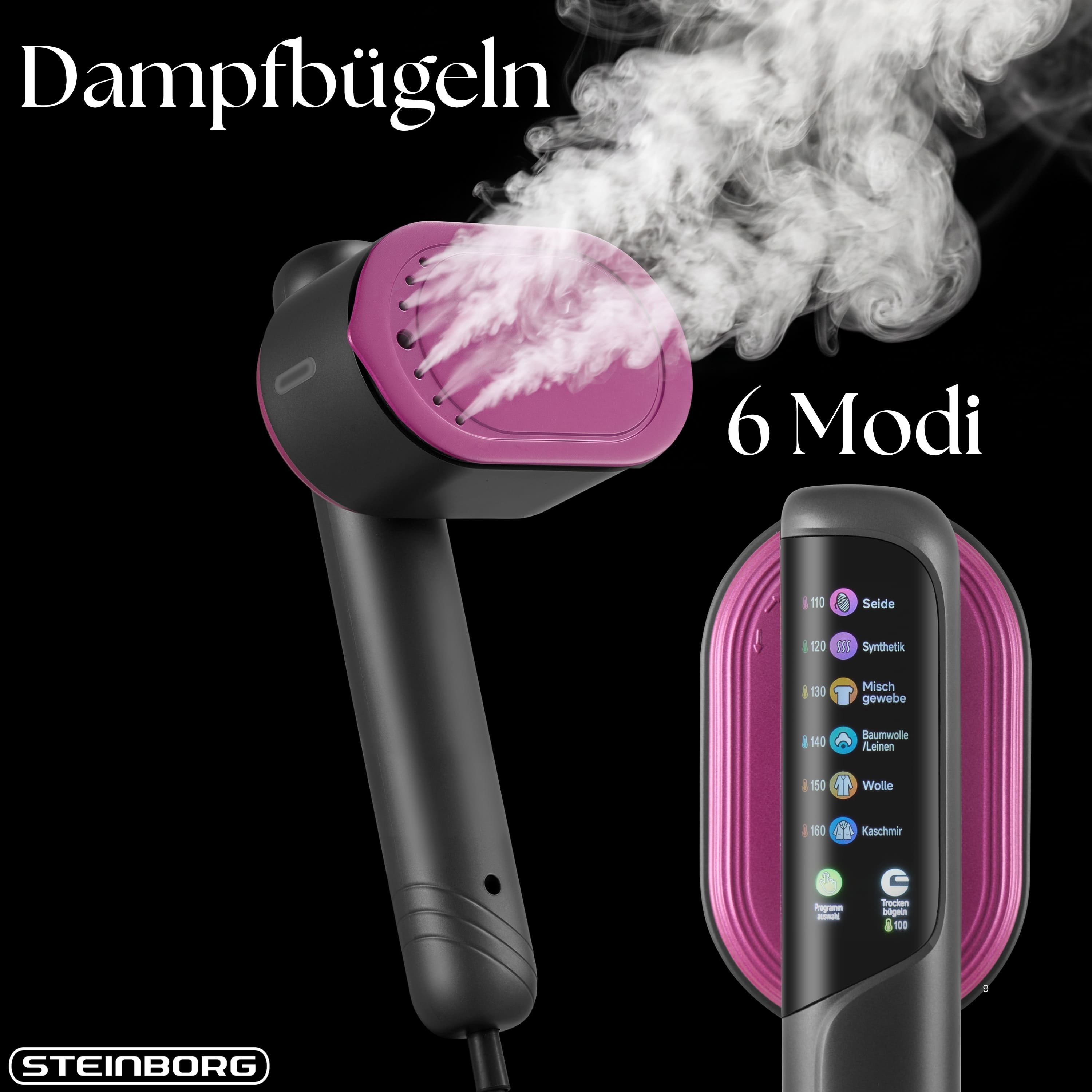Ein schwarzer Dampfglätter mit pinken Akzenten und starkem Dampf sowie sechs Einstellungsmodi.