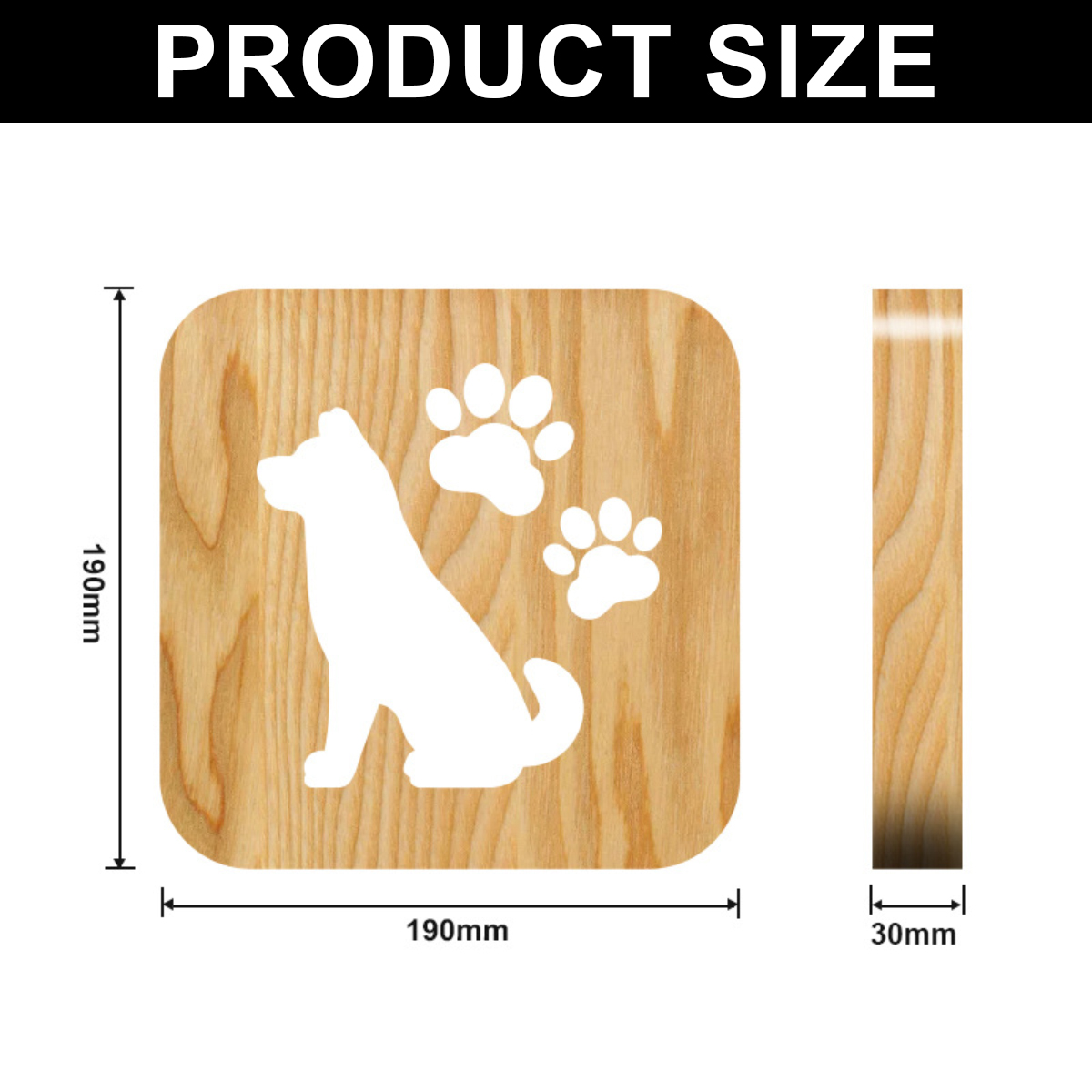 Produktgröße: Holzschild mit Hundesilhouette, 190x190x30 mm.