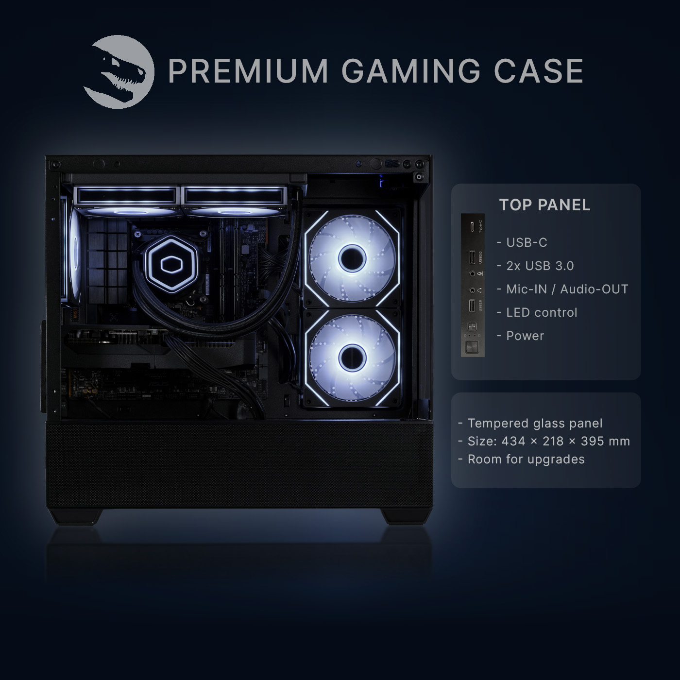 Gabinete de juegos prémium con ventiladores iluminados en blanco, componentes internos y especificaciones.