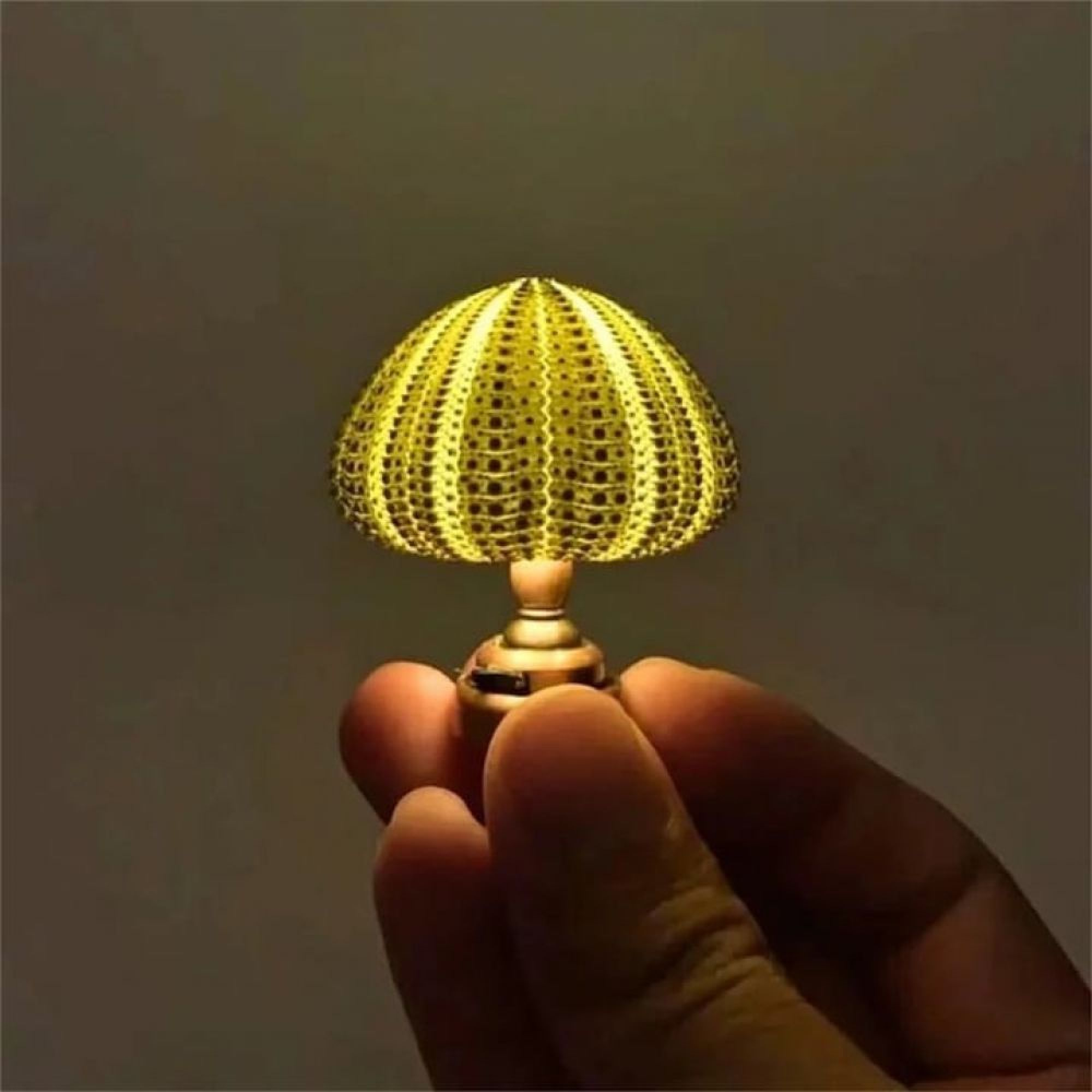 Eine Hand hält eine kleine, leuchtende Lampe mit einem schirmartigen, goldenen Schirm.