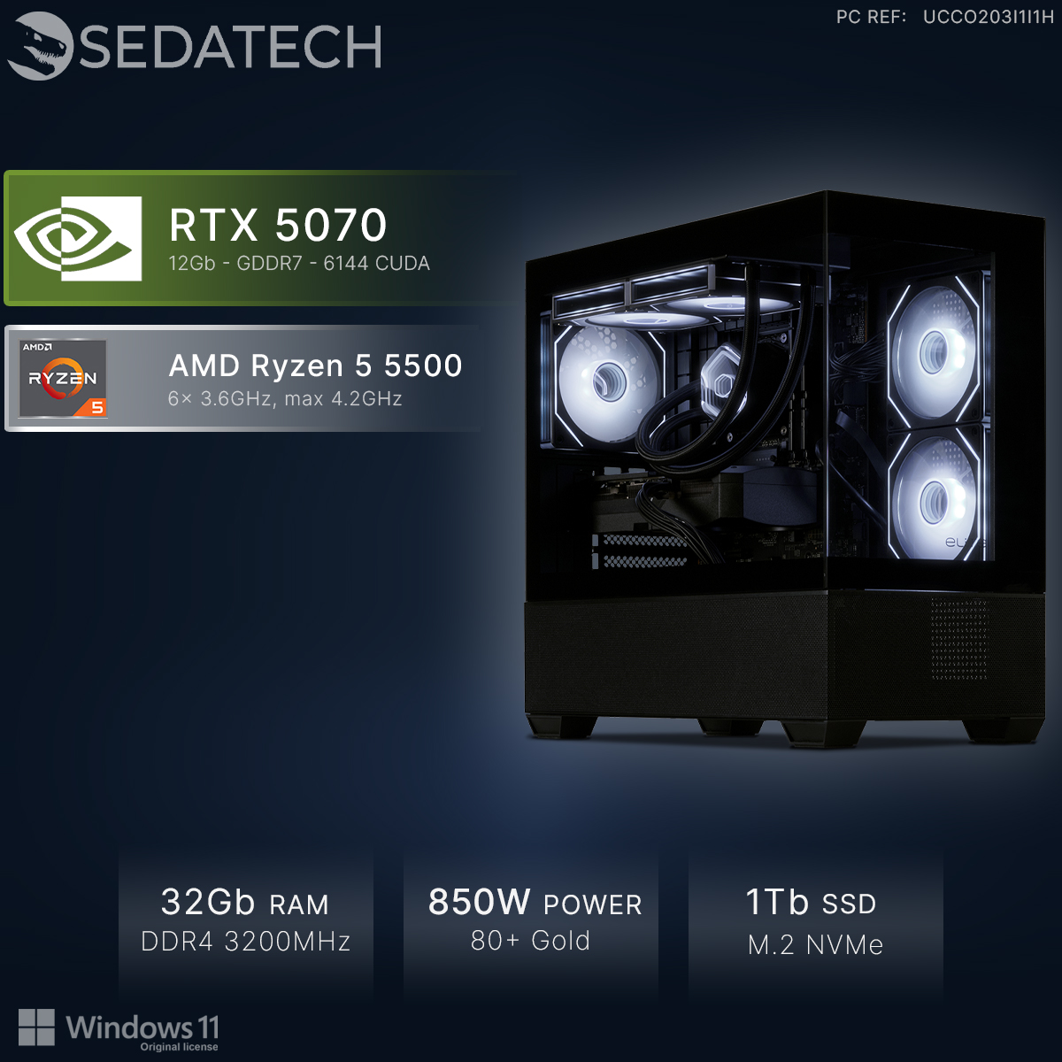 Sedatech Gaming-PC mit RTX 5070, AMD Ryzen 5 5500, 32GB RAM und 1TB SSD in einem Gehäuse mit weißer Beleuchtung.