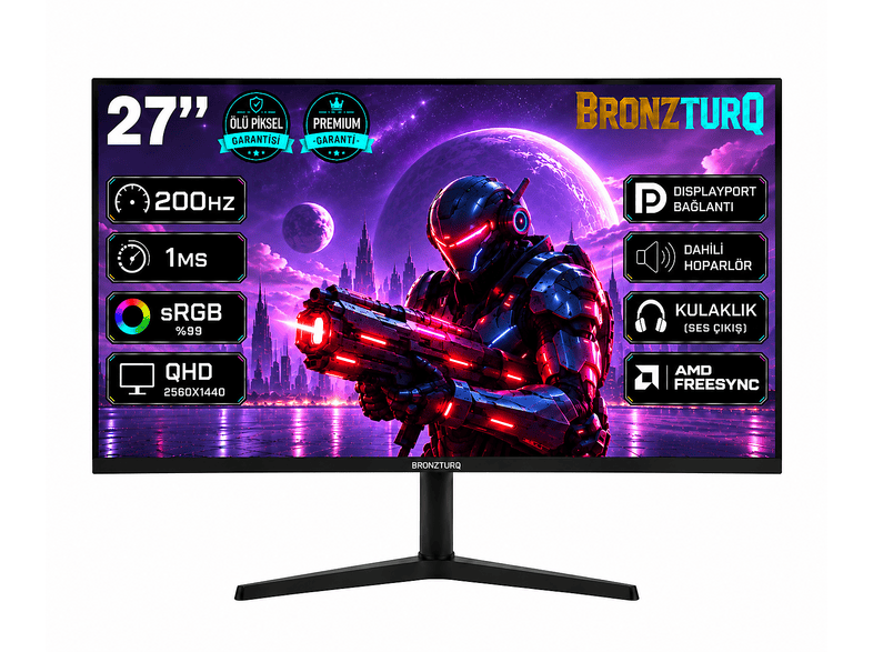 BRONZTURQ 200Hz (DP + HDMI) QHD 2560x1440 Pivot BTQ270QHD200-AA 27 inç QHD 1 ms Gaming Monitör Siyah