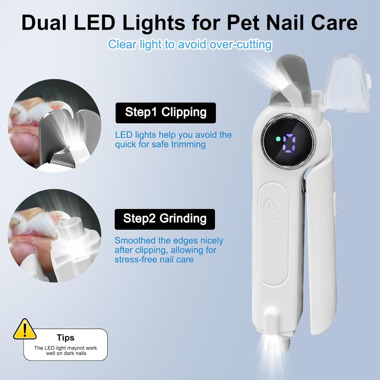 Produktbanner für einen weißen LED-Haustier-Nagelknipser mit Anleitungen für das Schneiden und Schleifen.