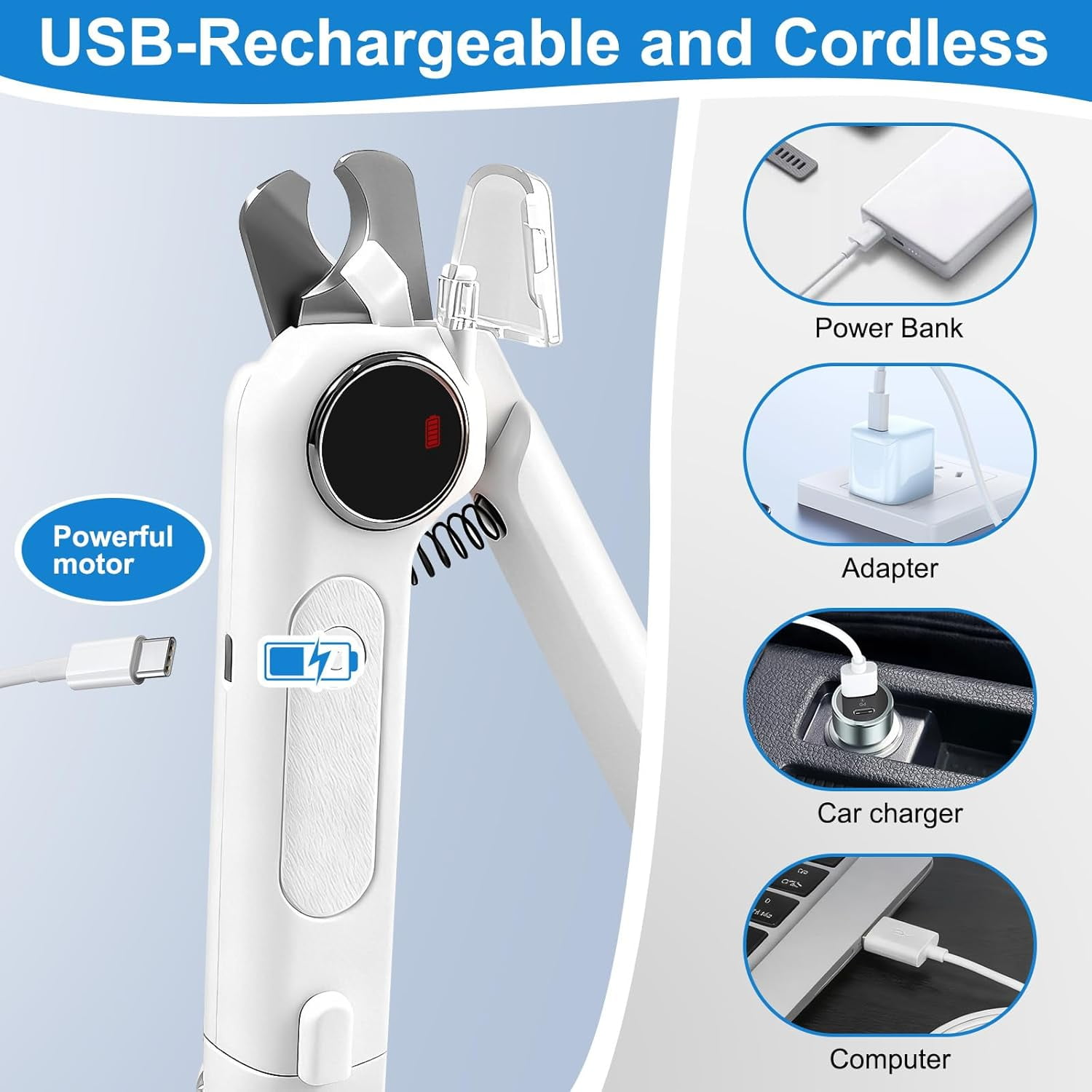 Weißer kabelloser Krallenschleifer für Haustiere mit USB-Ladeoptionen wie Powerbank, Adapter, Autoladegerät und Computer.