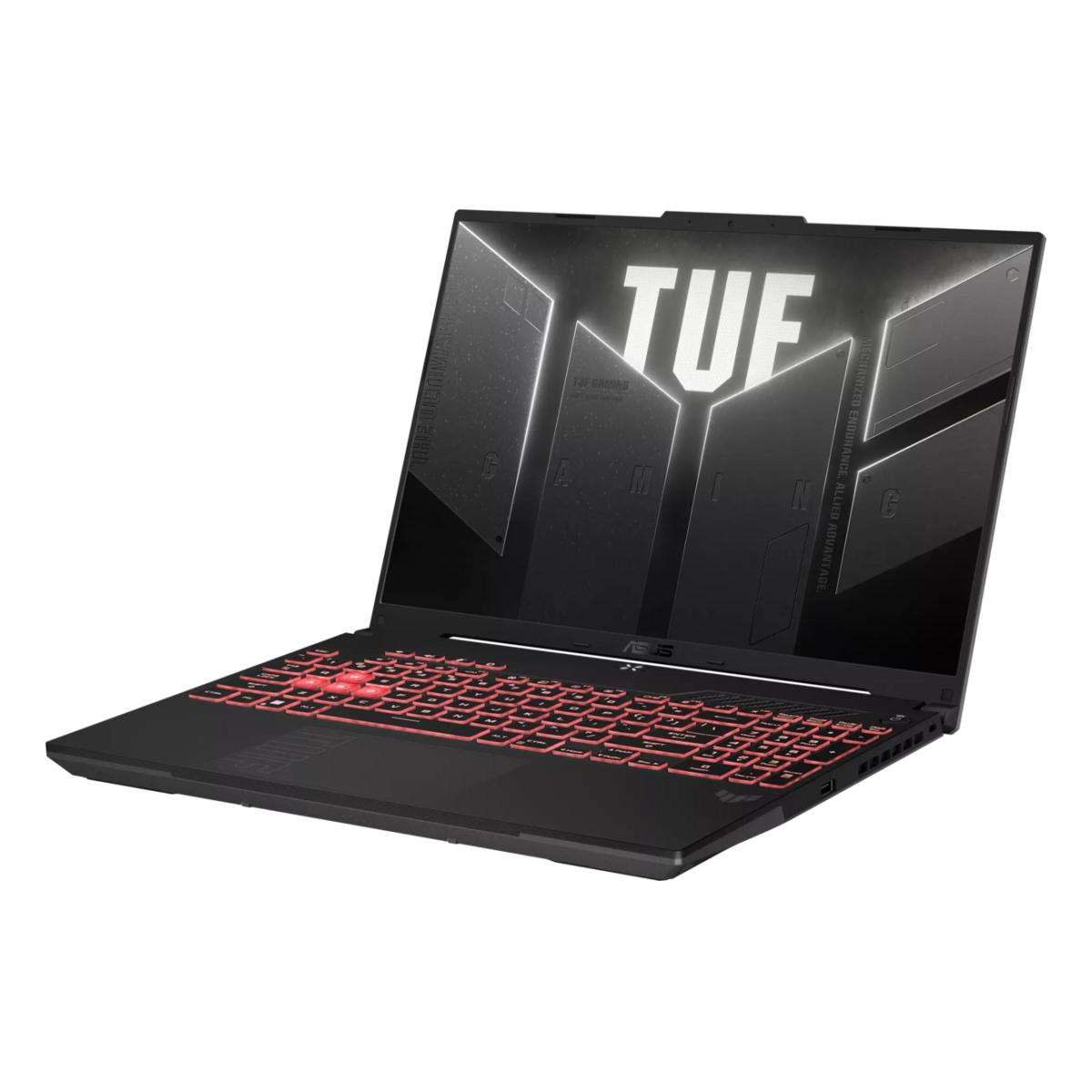 Ein schwarzer Asus TUF Gaming Laptop mit rot beleuchteten Tasten und dem TUF-Logo auf dem Bildschirm vor weißem Hintergrund.