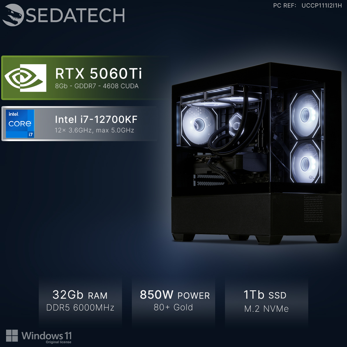 PC Sedatech con RTX 5060Ti, i7-12700KF, 32GB RAM, 850W y 1TB SSD en caja negra.