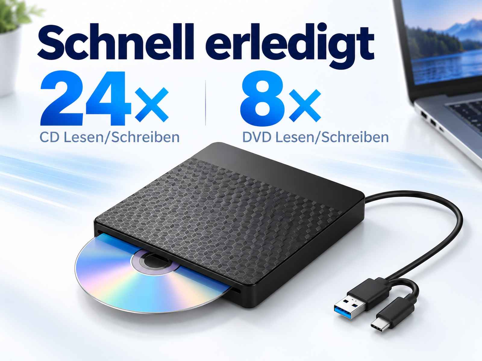 Ein schwarzes externes DVD-Laufwerk mit einer eingelegten CD, einem USB-Kabel und Texten zur Schreibgeschwindigkeit.