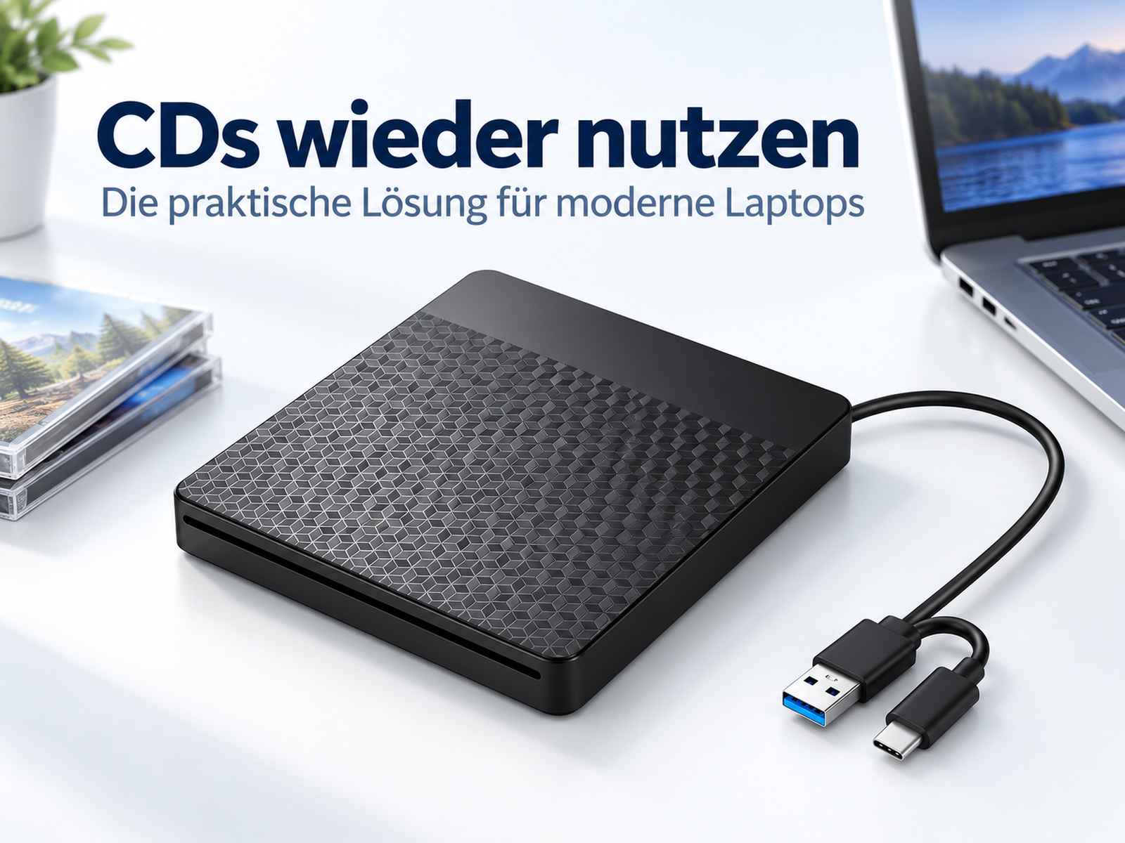 Ein schwarzes externes DVD-Laufwerk mit USB-Kabel auf einem weißen Tisch, daneben ein Laptop.