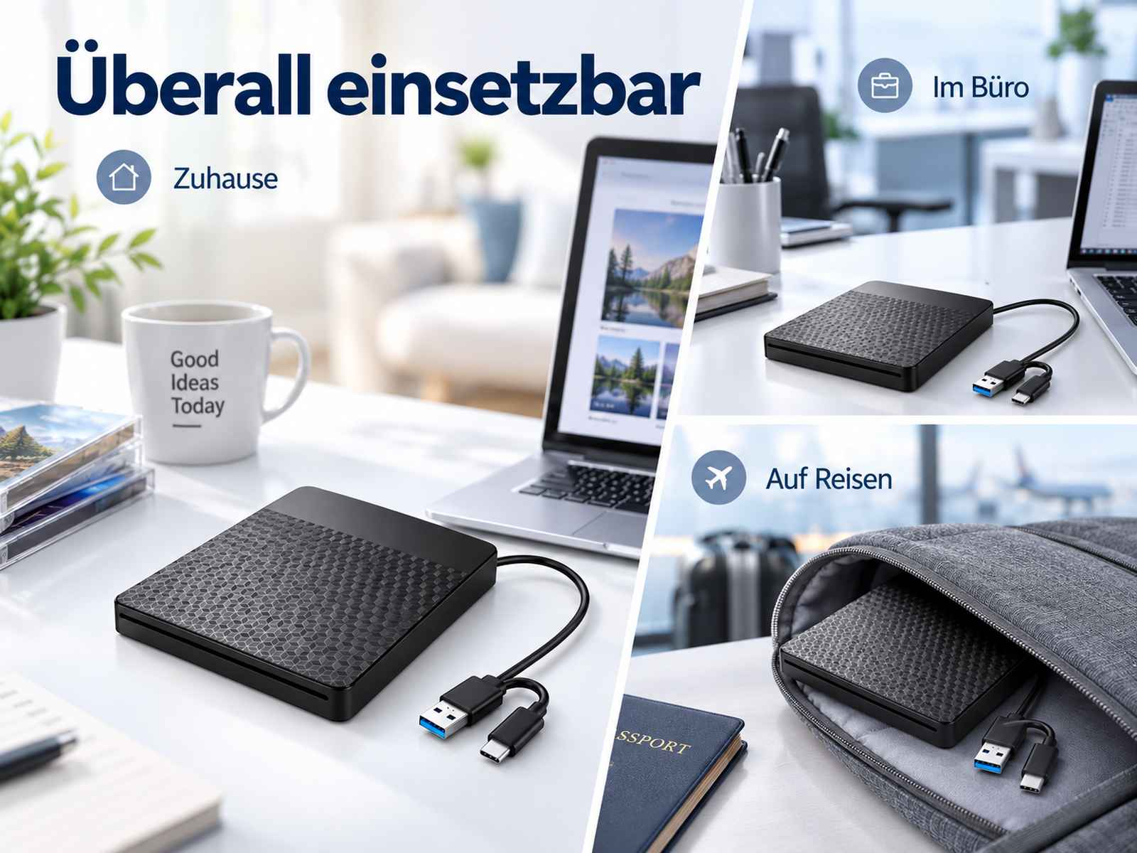 Ein schwarzes externes Laufwerk auf einem Tisch mit Laptop, Kaffeetasse und in einer Tasche.