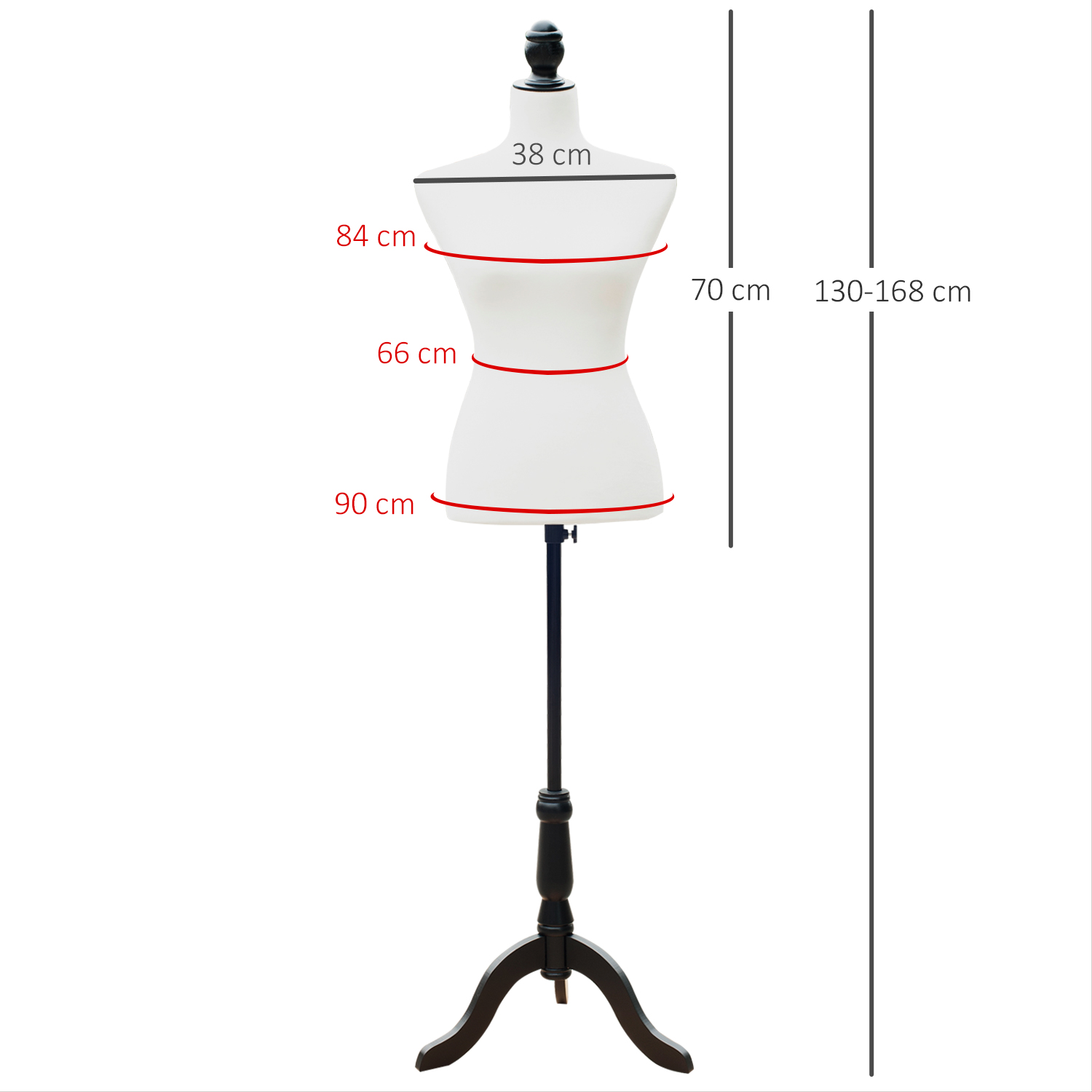 Maniquí de costura blanco con soporte negro y líneas rojas que muestran dimensiones.