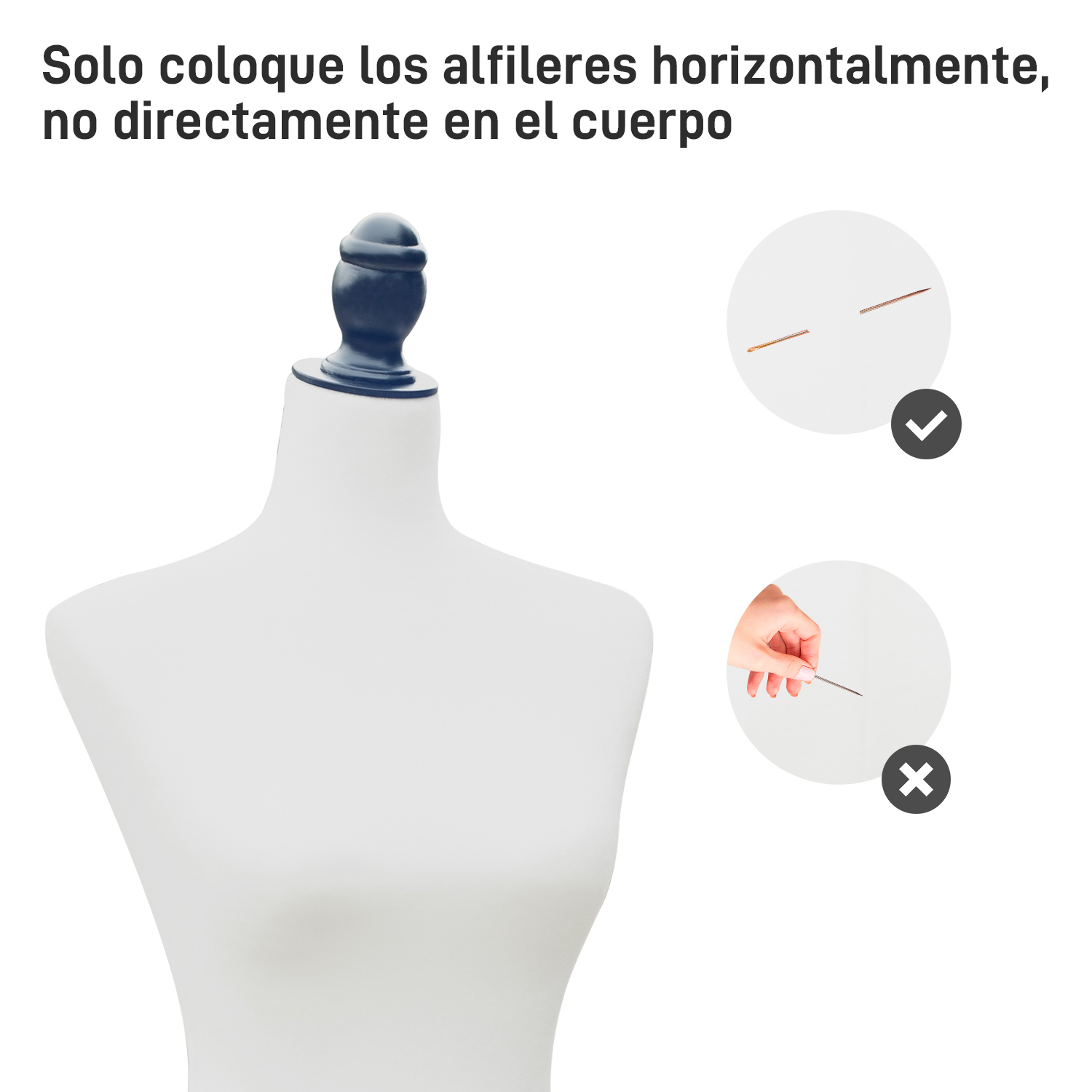 Torso de maniquí con recuadros instructivos para la colocación de alfileres.