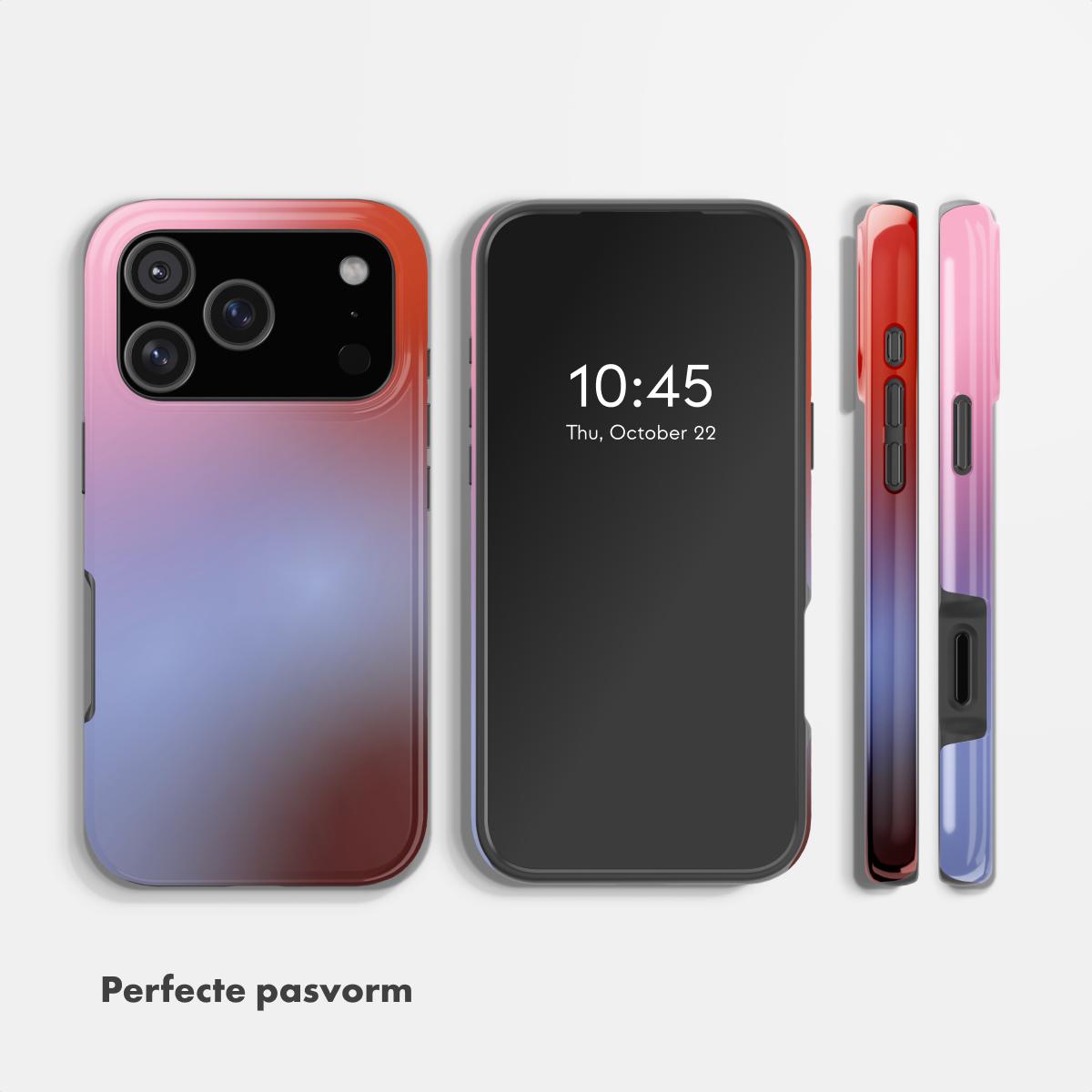 Verschillende hoesjes van een telefooncase met rood-naar-blauw verloop en de tekst Perfecte pasvorm.