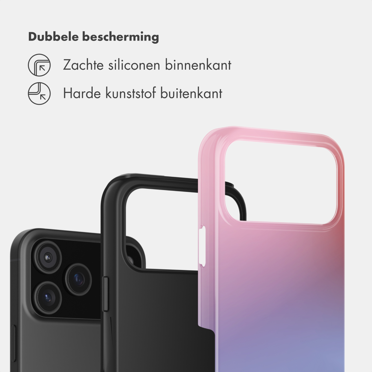 Infographic met een telefoonhoesje met dubbele bescherming, zachte siliconen binnenkant en harde kunststof buitenkant.