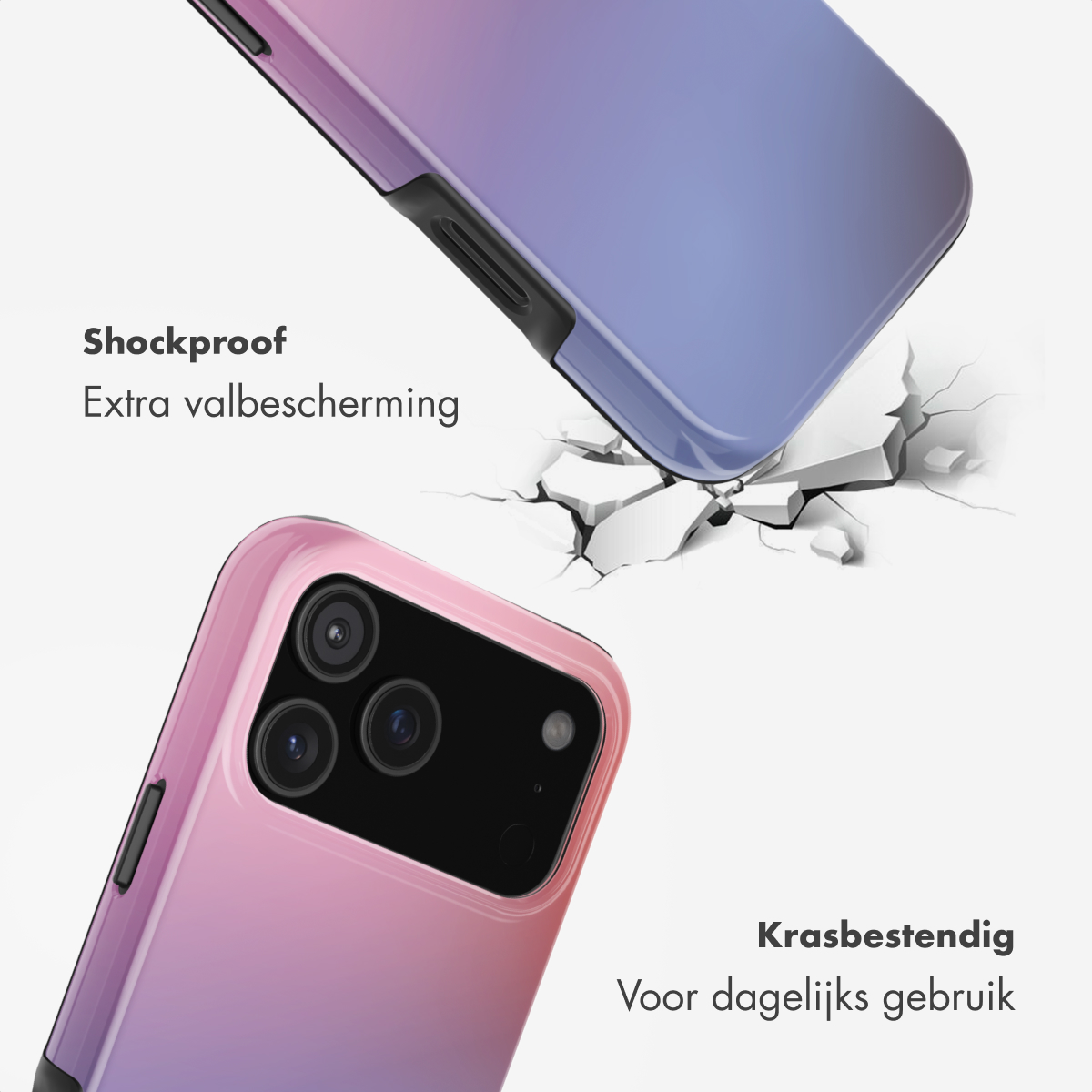 Twee verlooptelefoonhoesjes met tekst over val- en krasbestendigheid.