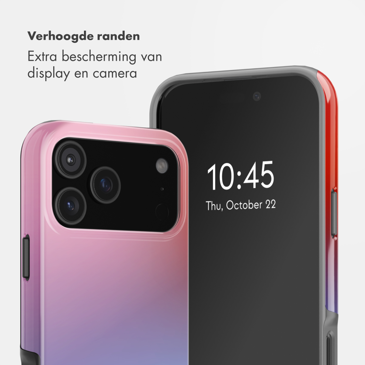 Twee smartphones met gekleurde hoesjes en verhoogde schermrand op een witte achtergrond.