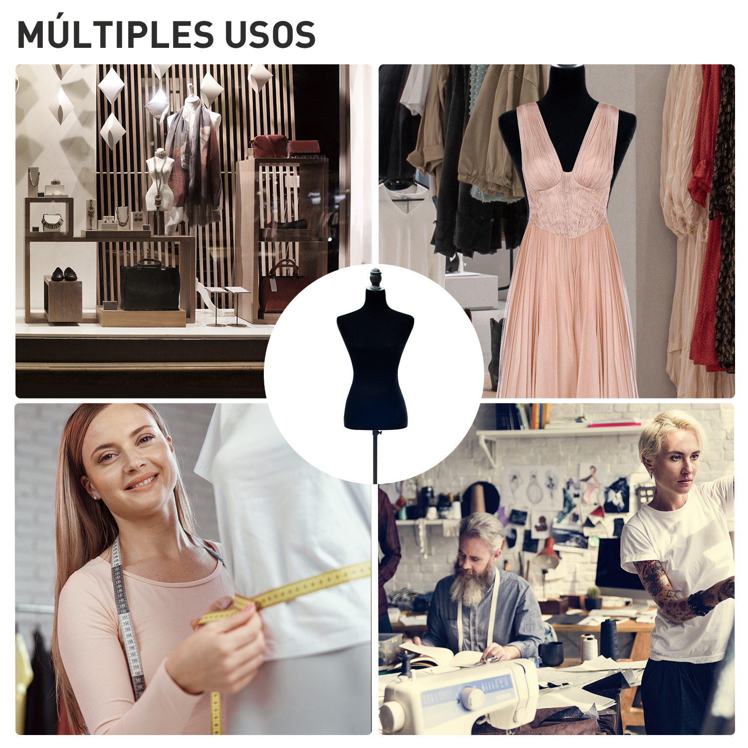 Collage con fotos de moda que muestran escaparate, vestidos, maniquí y diseñadores trabajando.