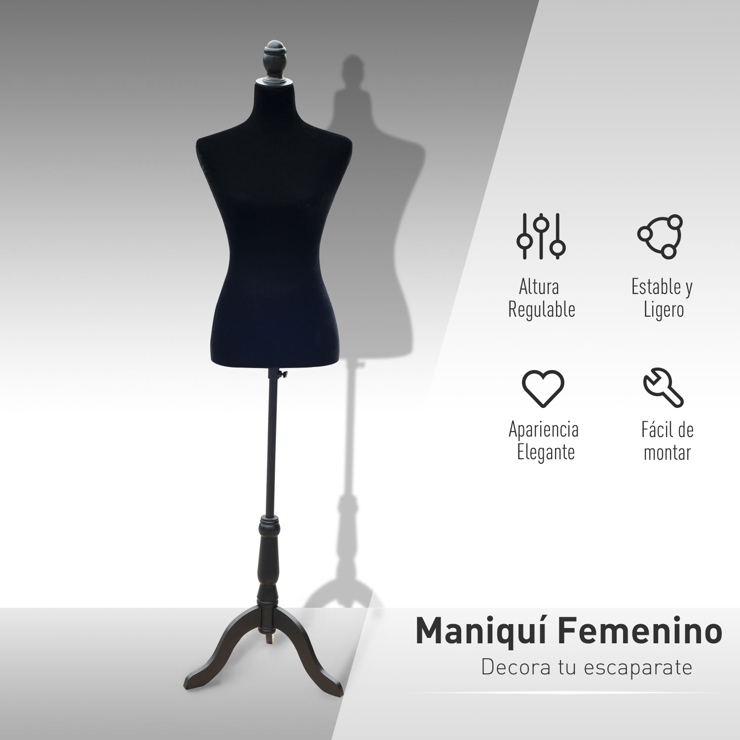 Un maniquí femenino negro sobre base de trípode con iconos de características y texto en español sobre fondo gris.