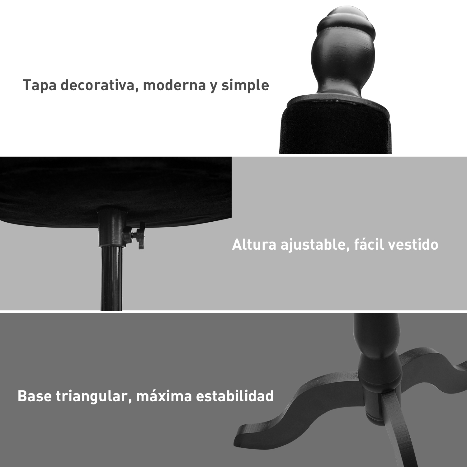 Tres primeros planos de un maniquí muestran la tapa decorativa, el ajuste de altura y la base.