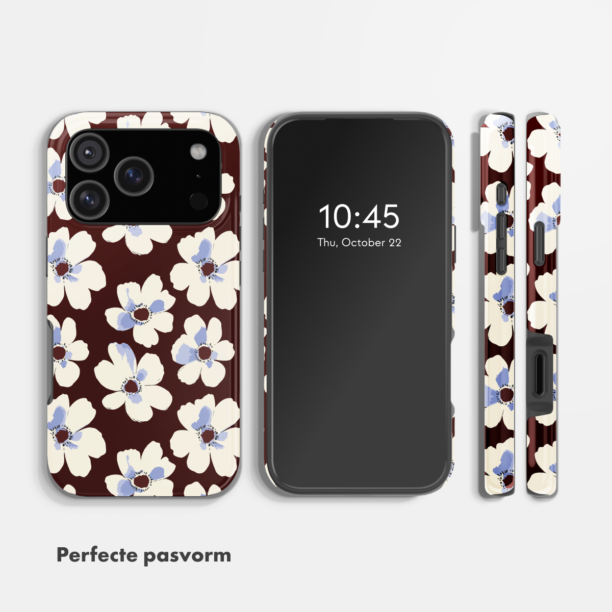 Smartphone in verschillende weergaven met een bruin bloemenpatroon en de tekst "Perfecte pasvorm".