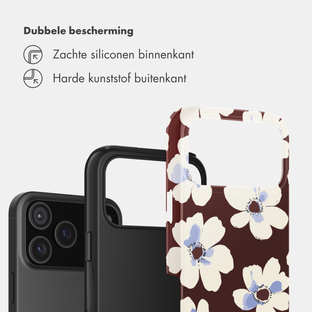 Drie smartphonehoesjes met tekst over dubbele bescherming, zachte siliconen binnenkant en harde kunststof buitenkant.