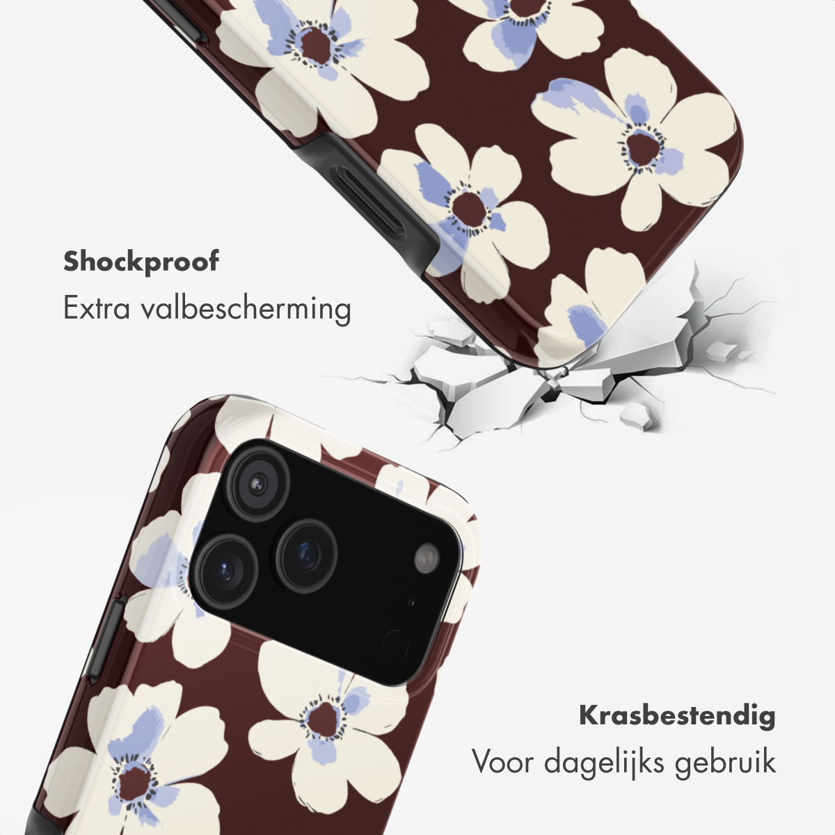 Schokbestendige telefoonhoes met bloemenpatroon op donkerbruin en tekst op witte achtergrond.